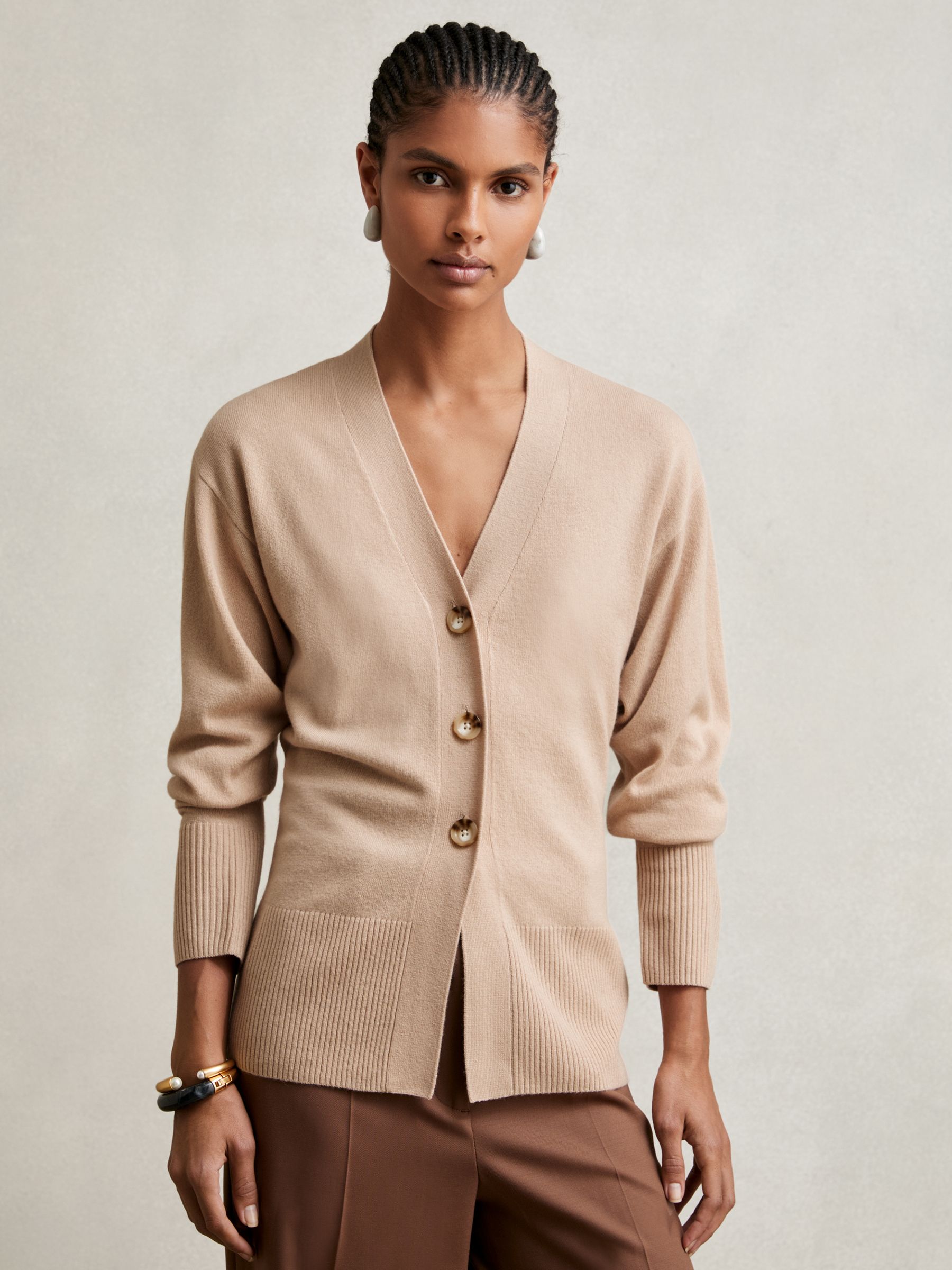 Wool-Blend Fitted Cardigan With Cashmere in Neutral