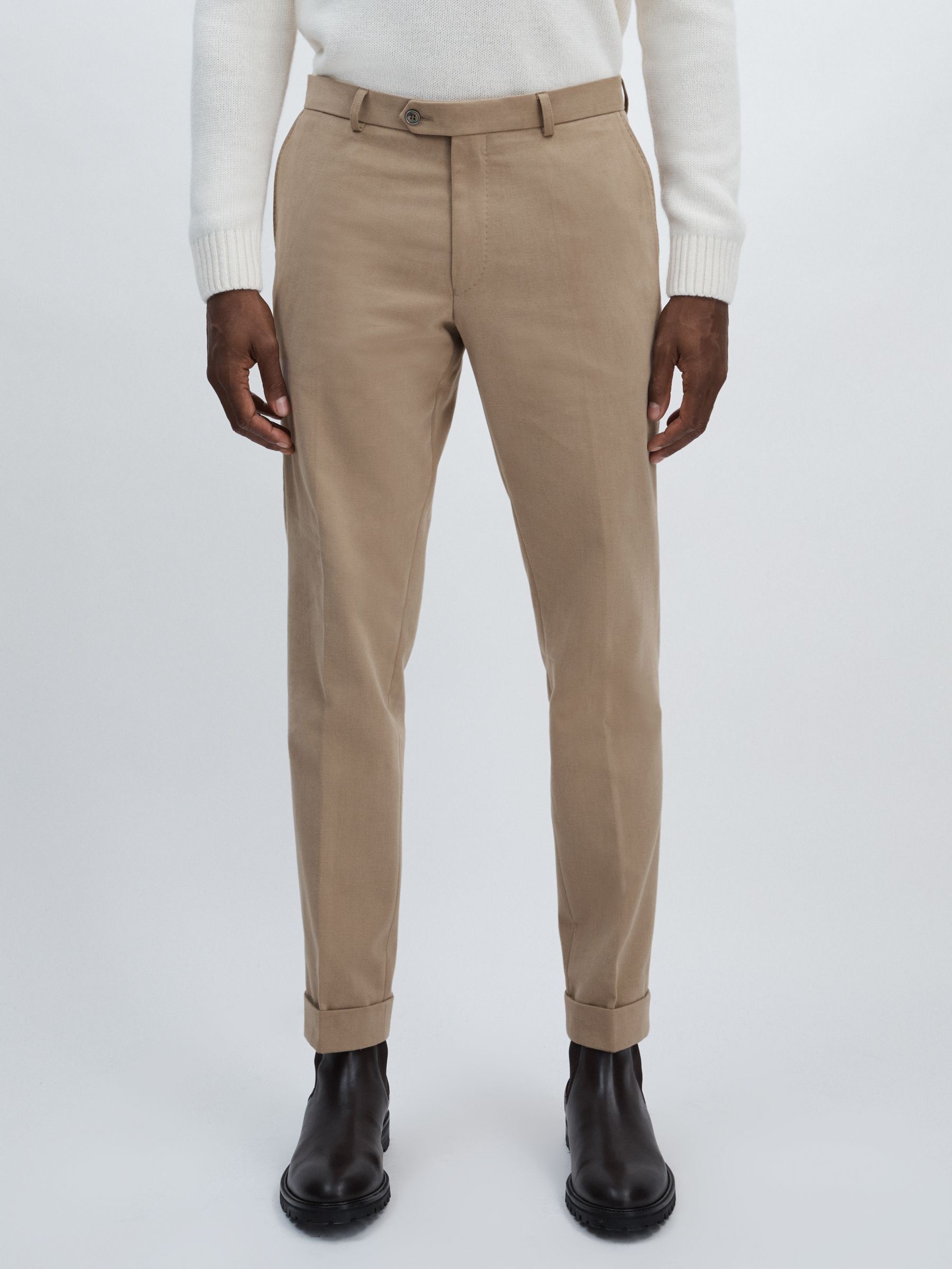 Oscar Jacobson Slim Fit 100% Cotton Turn-Up Trousers in Beige