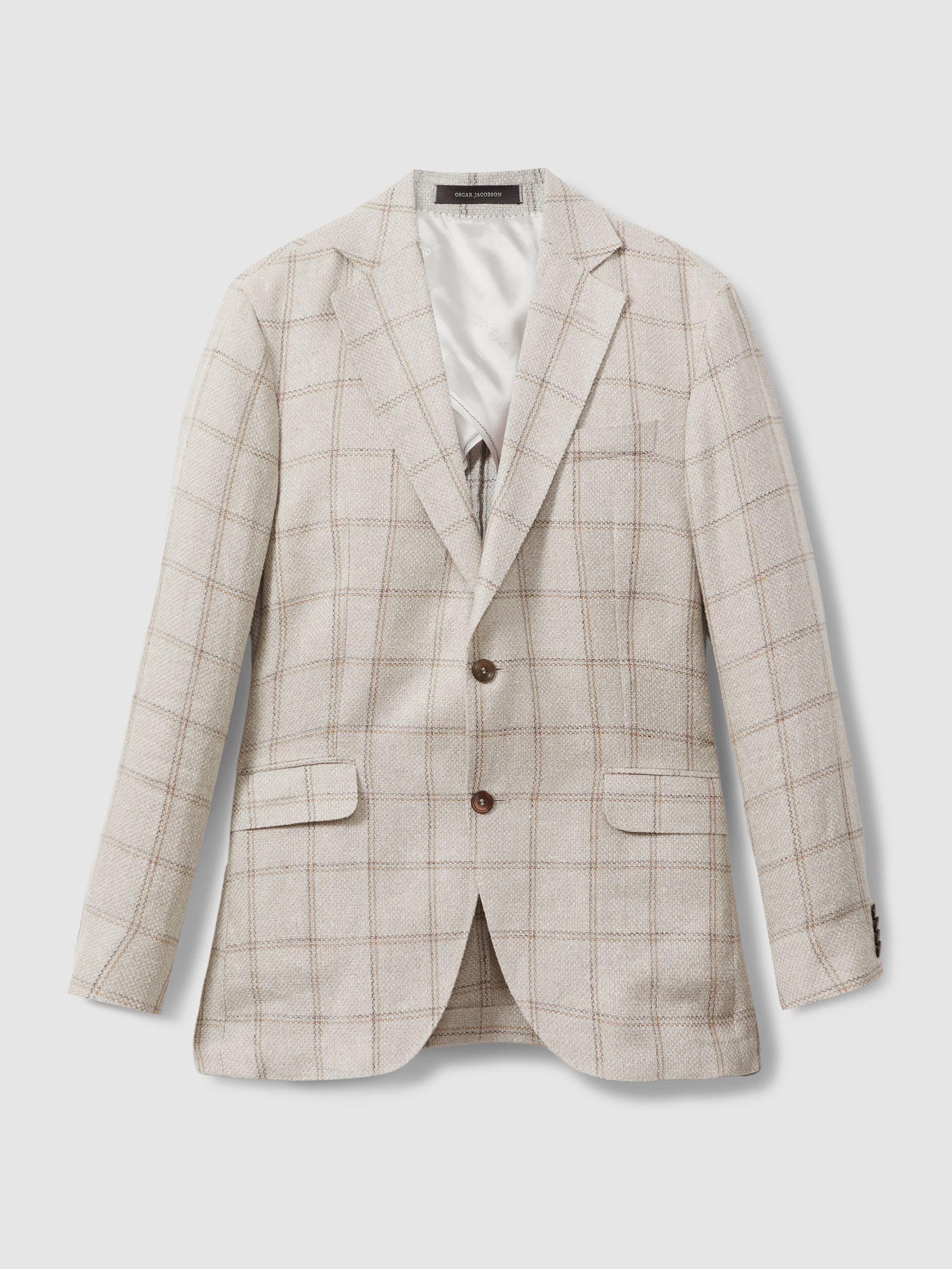 Oscar Jacobson Linen Blend Single Breasted Check Blazer in Cream