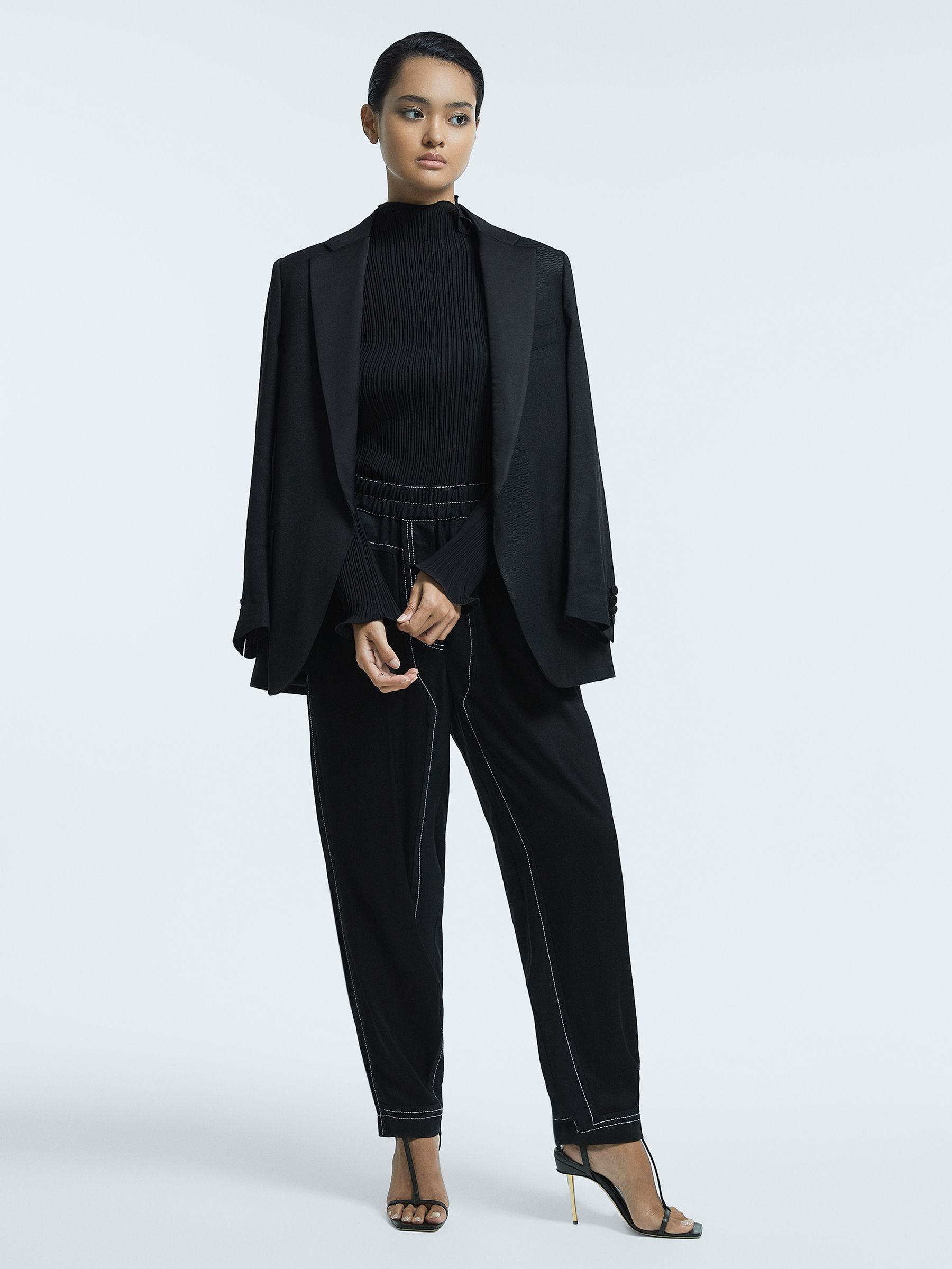 Atelier Italian Relaxed Contrast Stitch Drawstring Trousers in Black