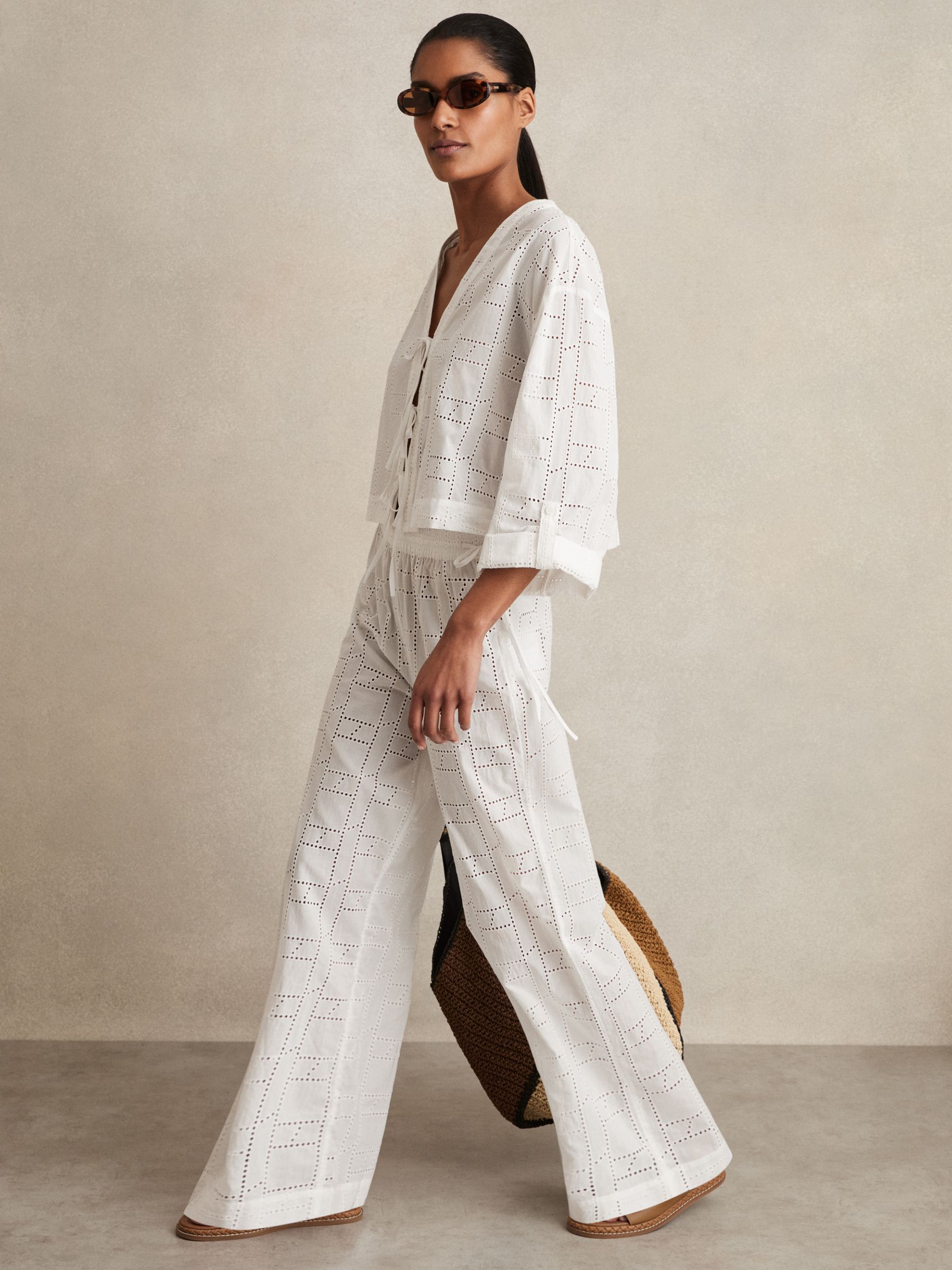 Cotton Broderie Side-Tie Trousers in White