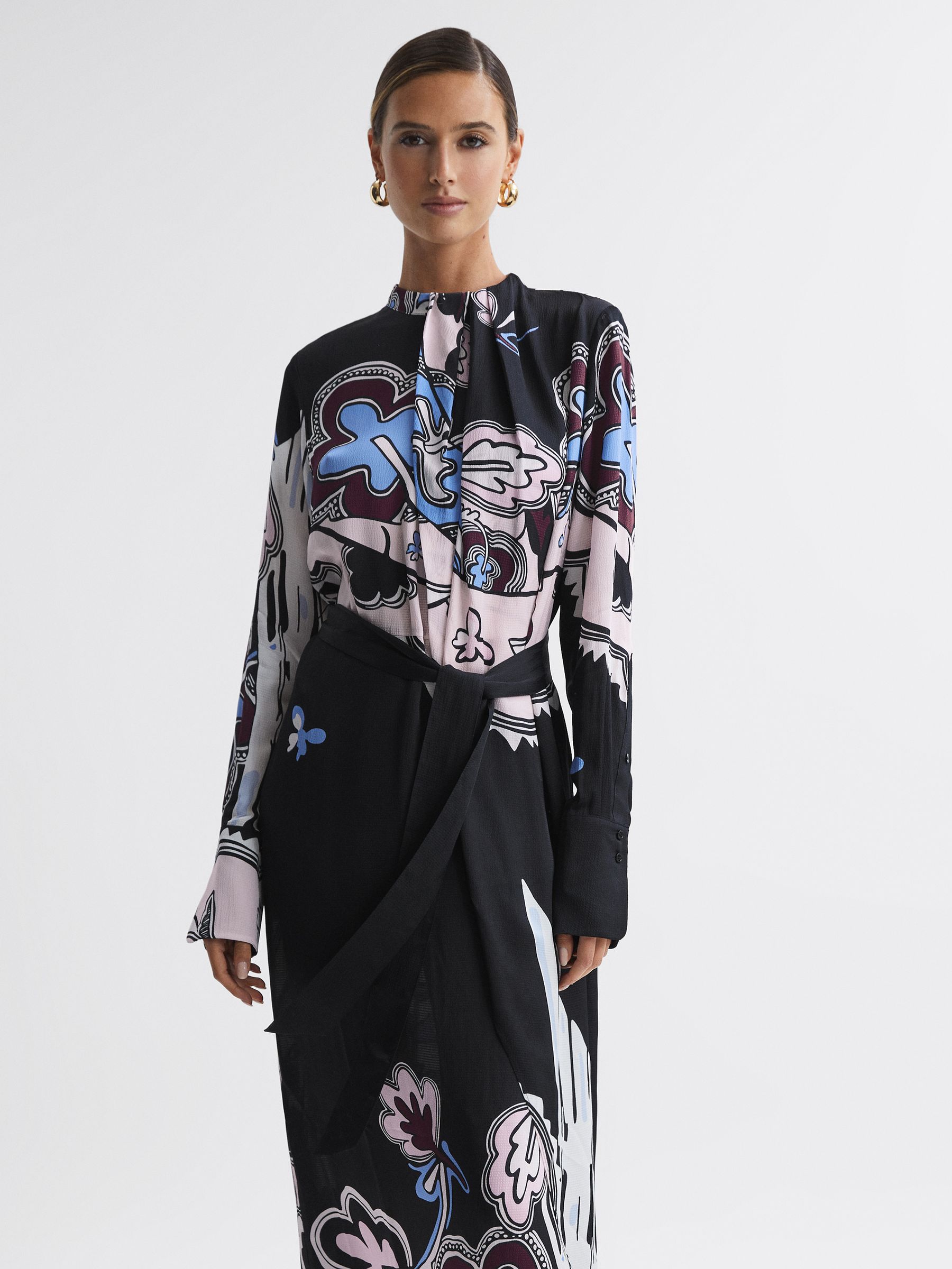 Pleat Front Midi Dress in Black