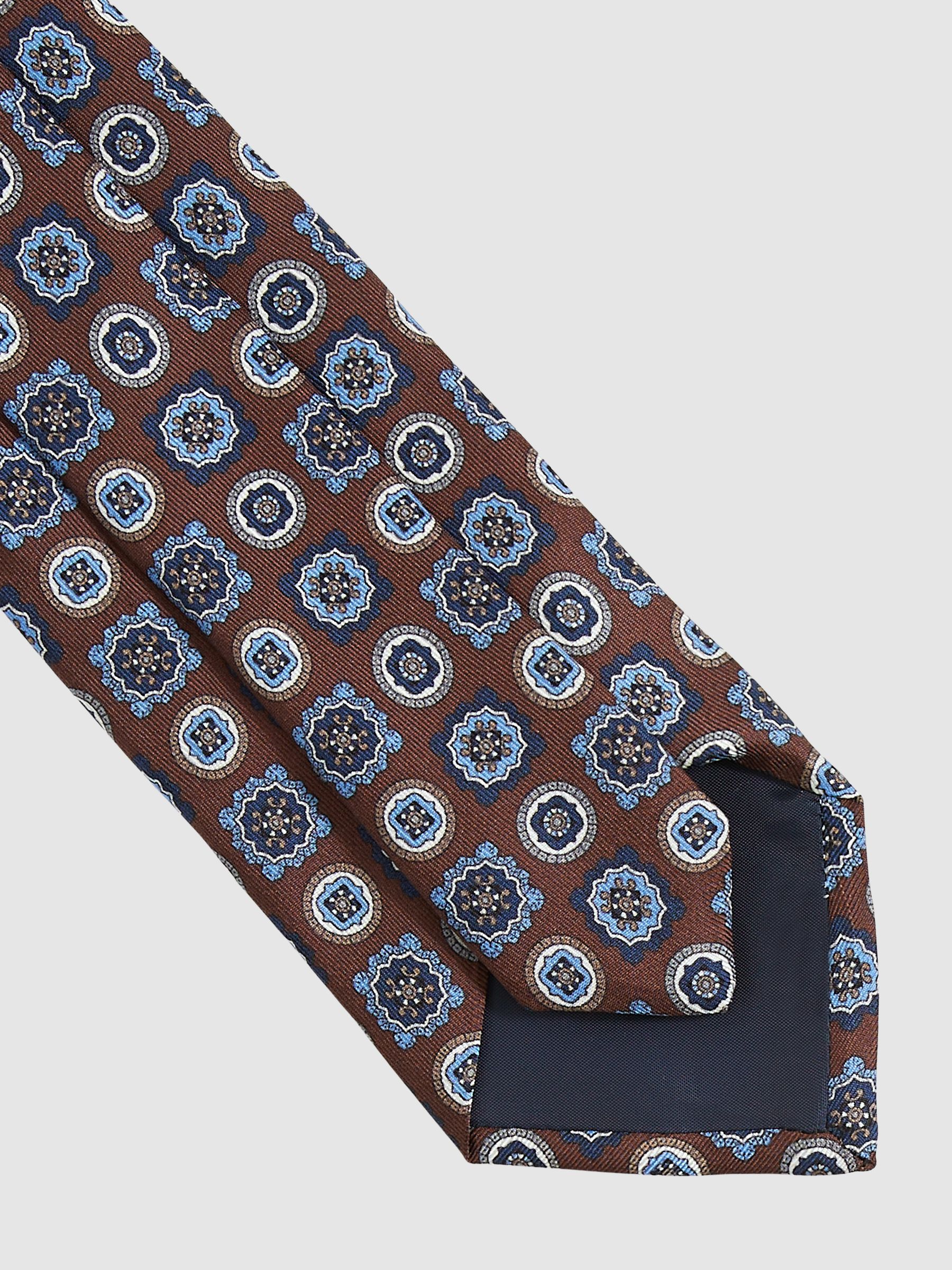 Silk Foulard Medallion Print Tie in Chocolate Brown