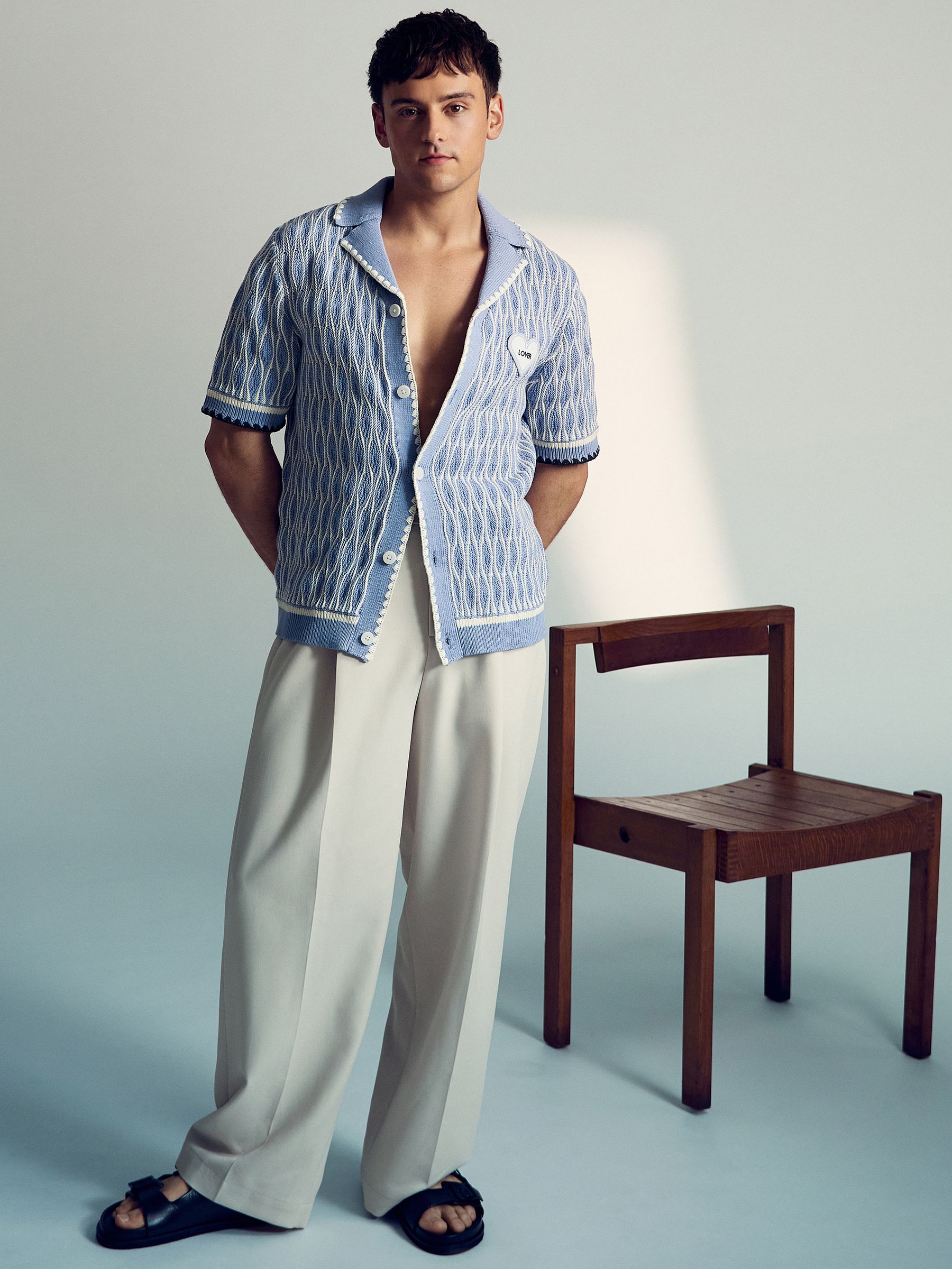 Tom Daley Wave-Knit Shirt in Soft Blue/White