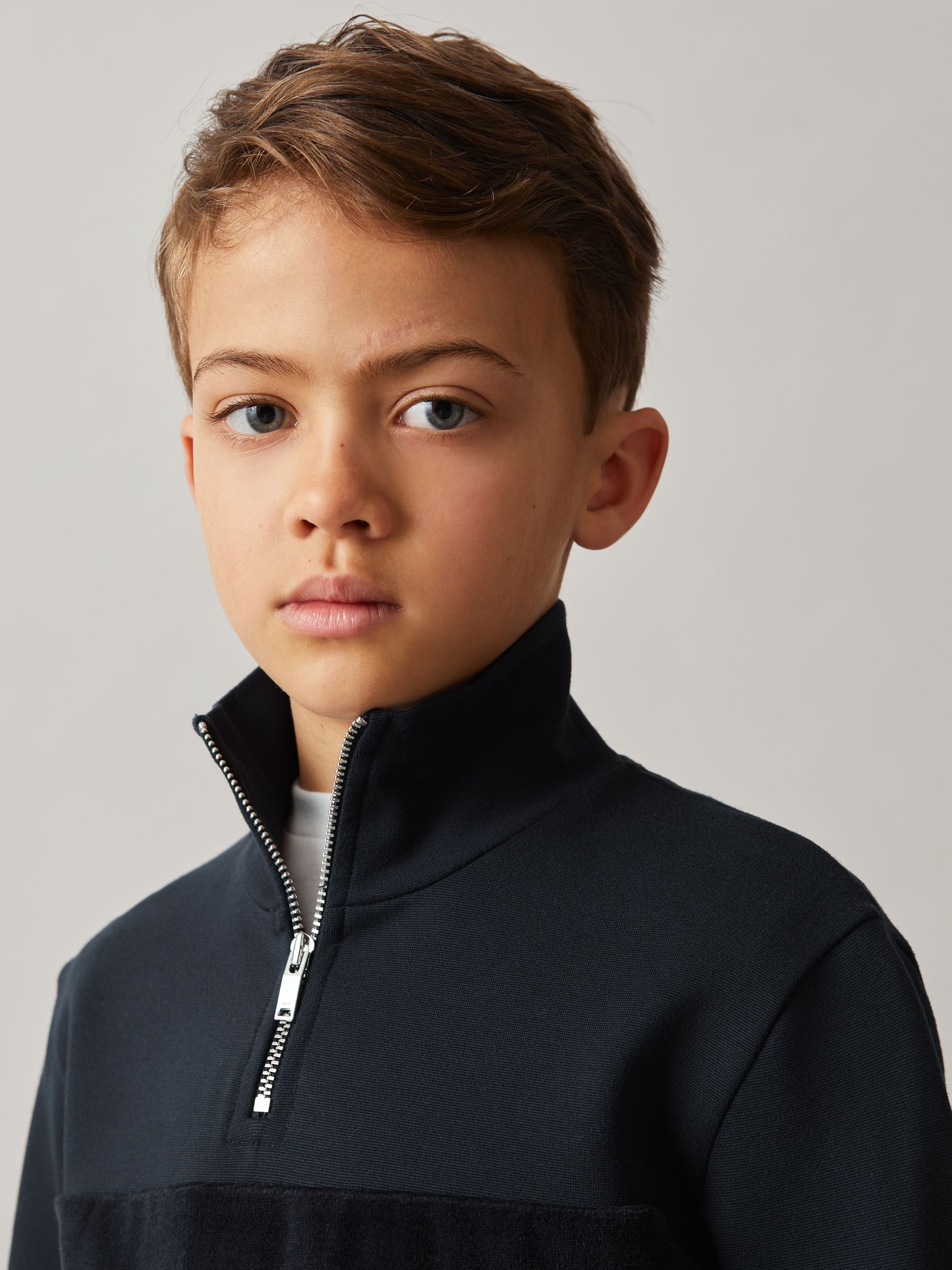 3-9 yrs Slim Fit Half-Zip Funnel Neck Velour Sweatshirt in Navy