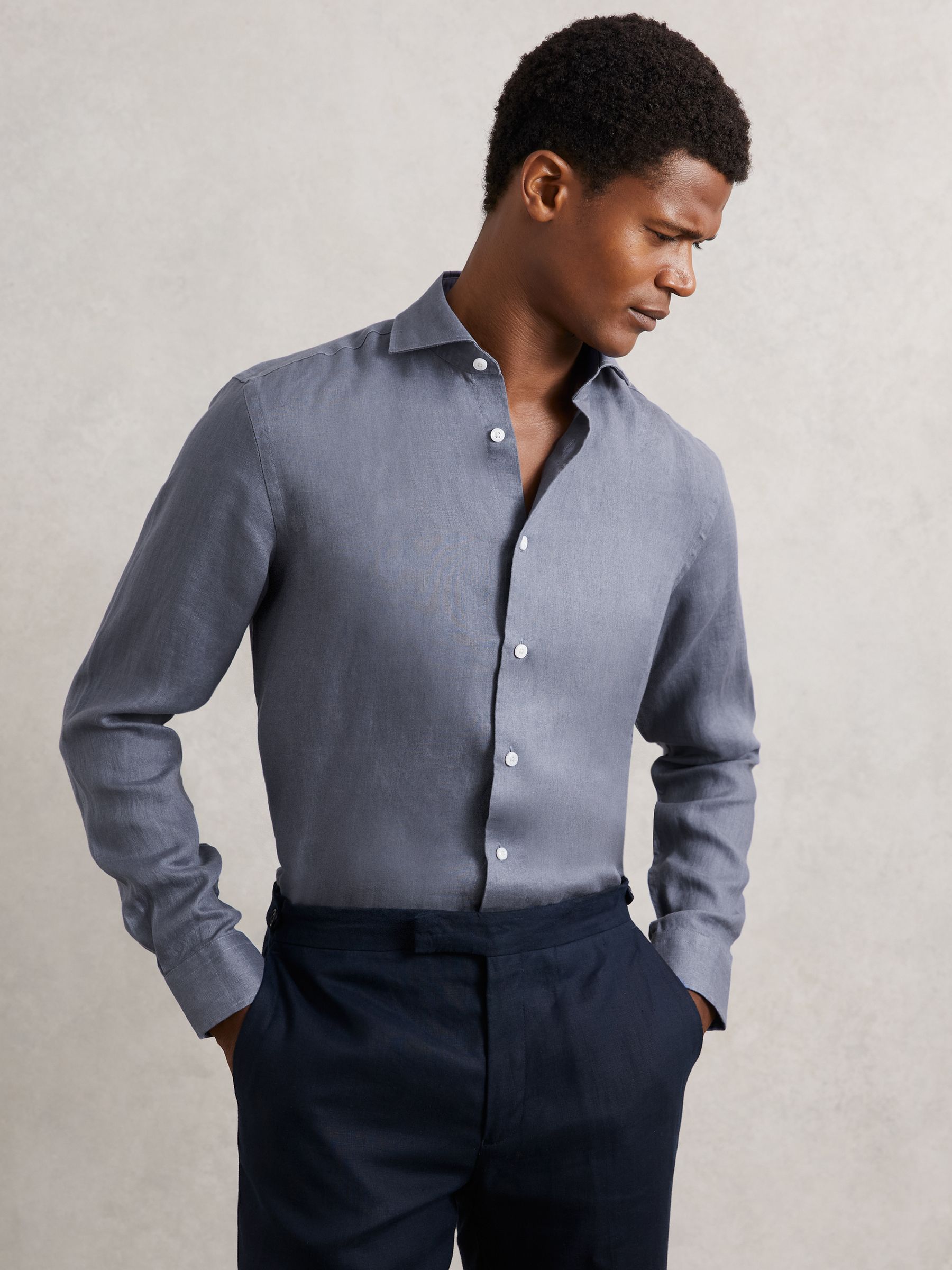 Linen Button-Through Shirt in Airforce Blue