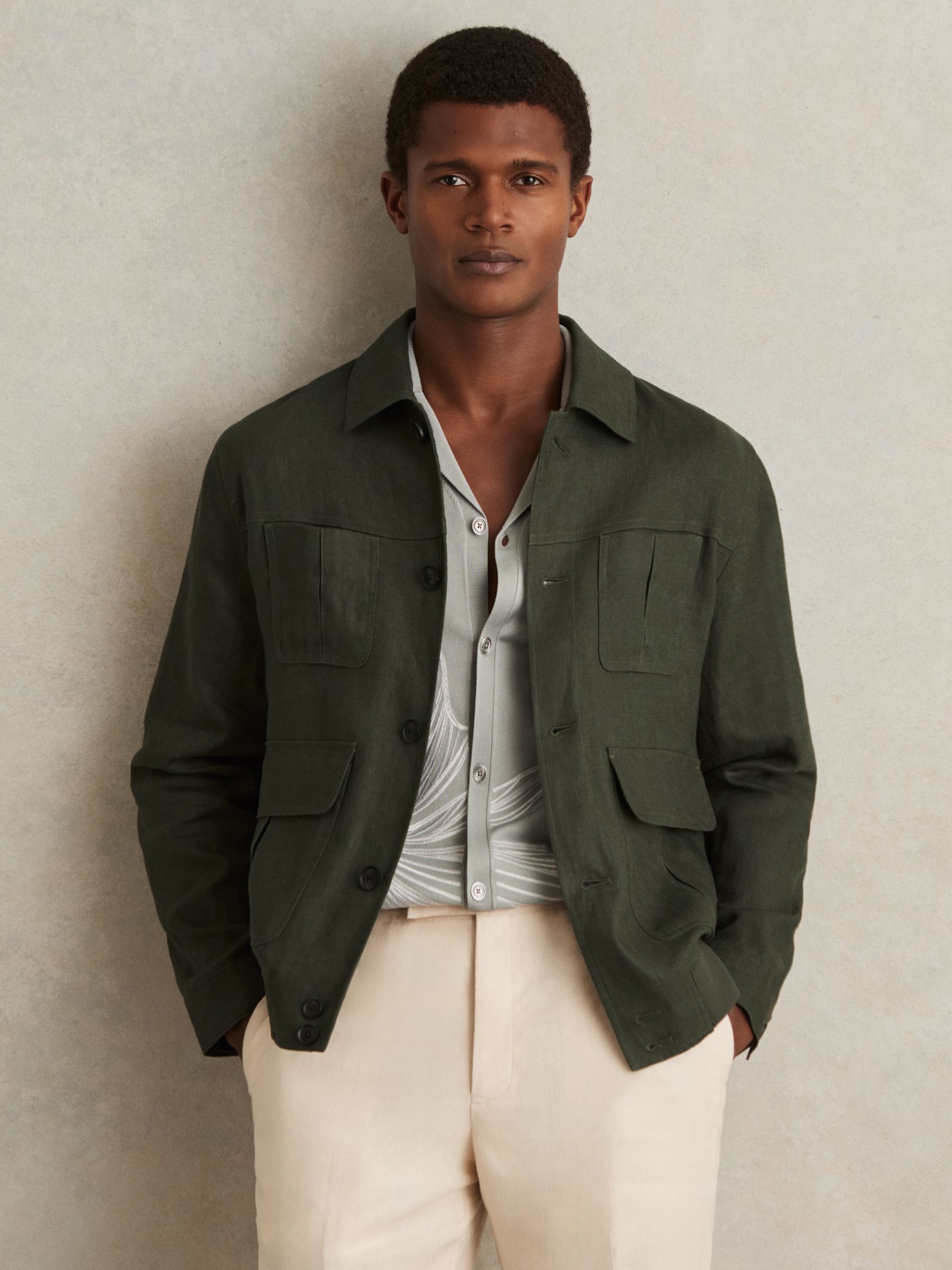 Linen Four-Pocket Jacket in Khaki Green