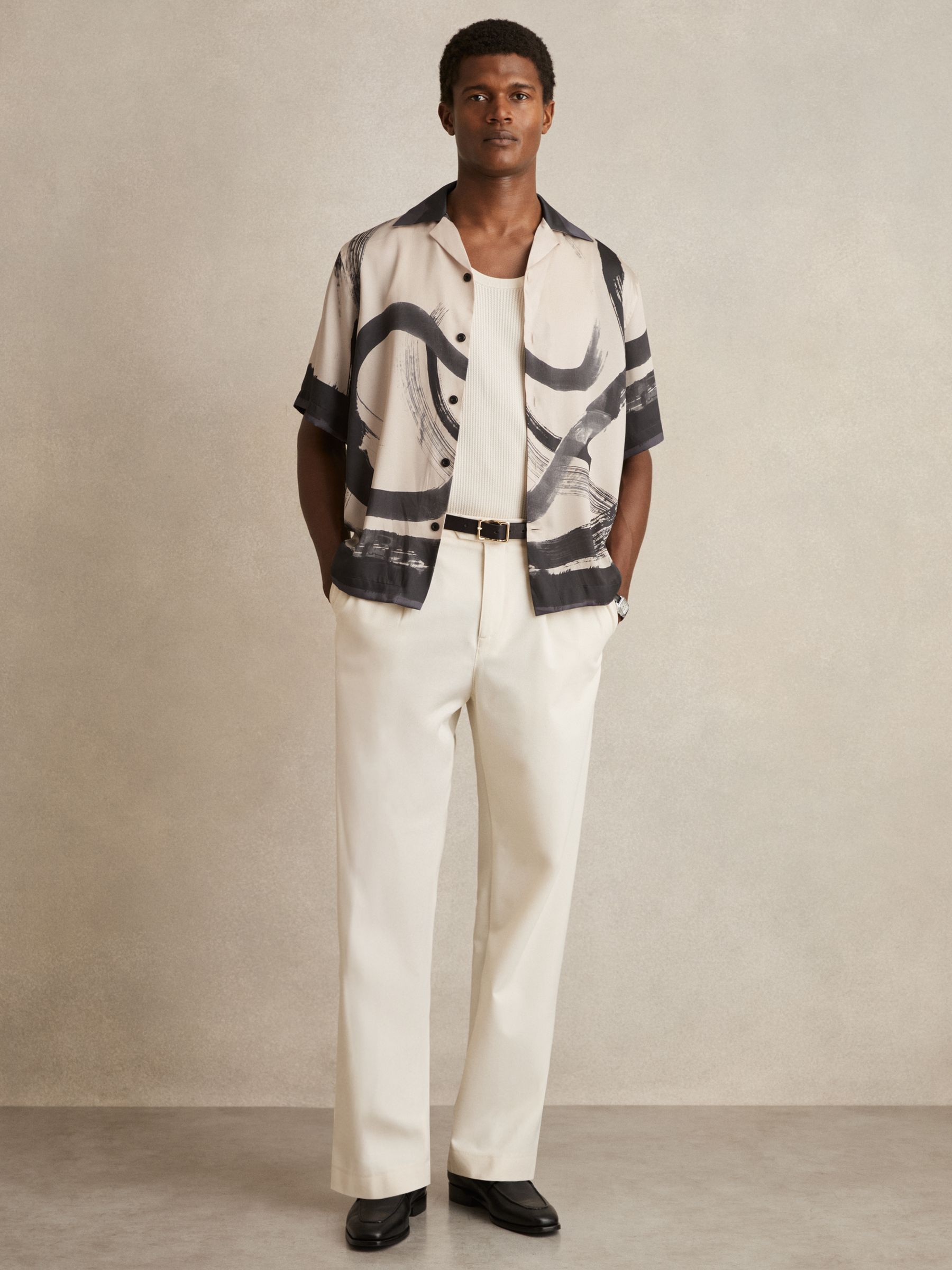 Brushstroke-Print Cuban-Collar Shirt in Charcoal Grey/Off White