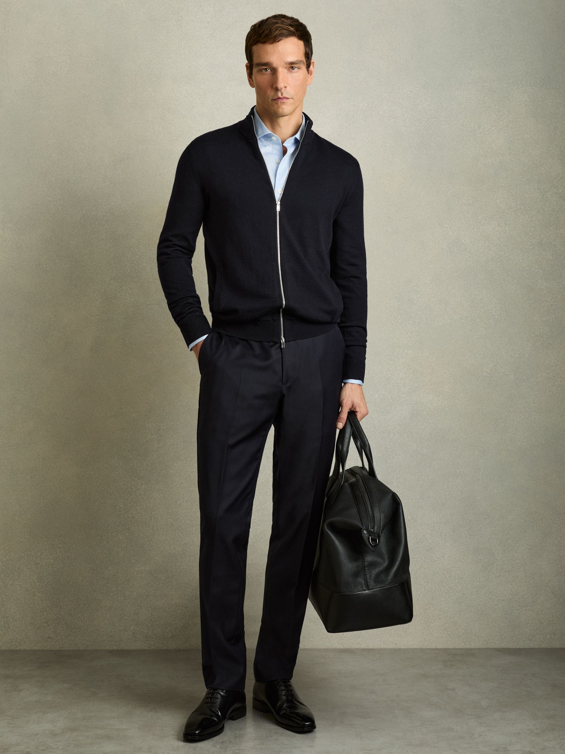 Merino Wool Zip-Through Cardigan in Navy