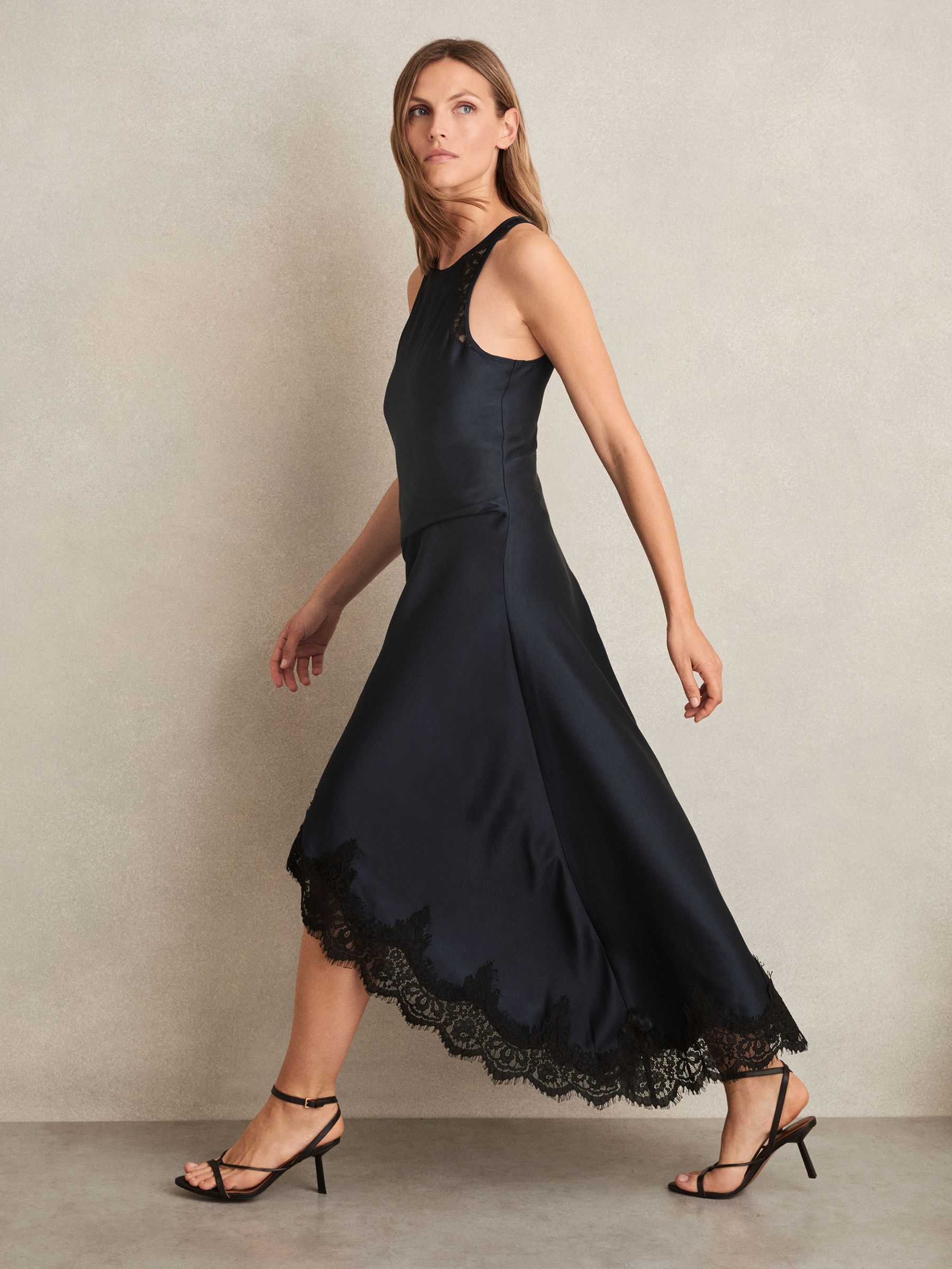 Petite Satin Drape Lace-Trim Dress in Navy