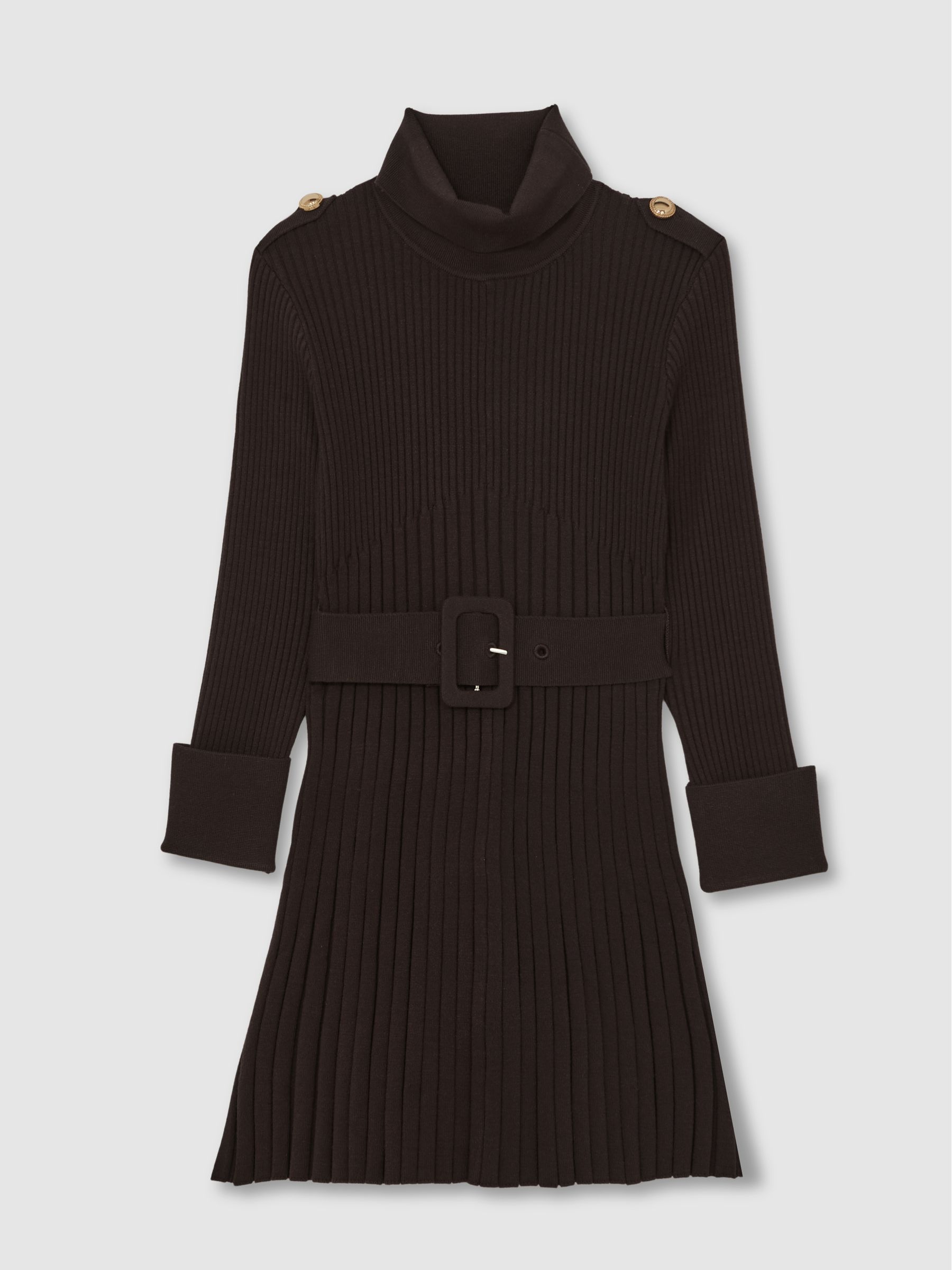 9-13 yrs Rib-Knit Roll-Neck Belted Dress in Chocolate