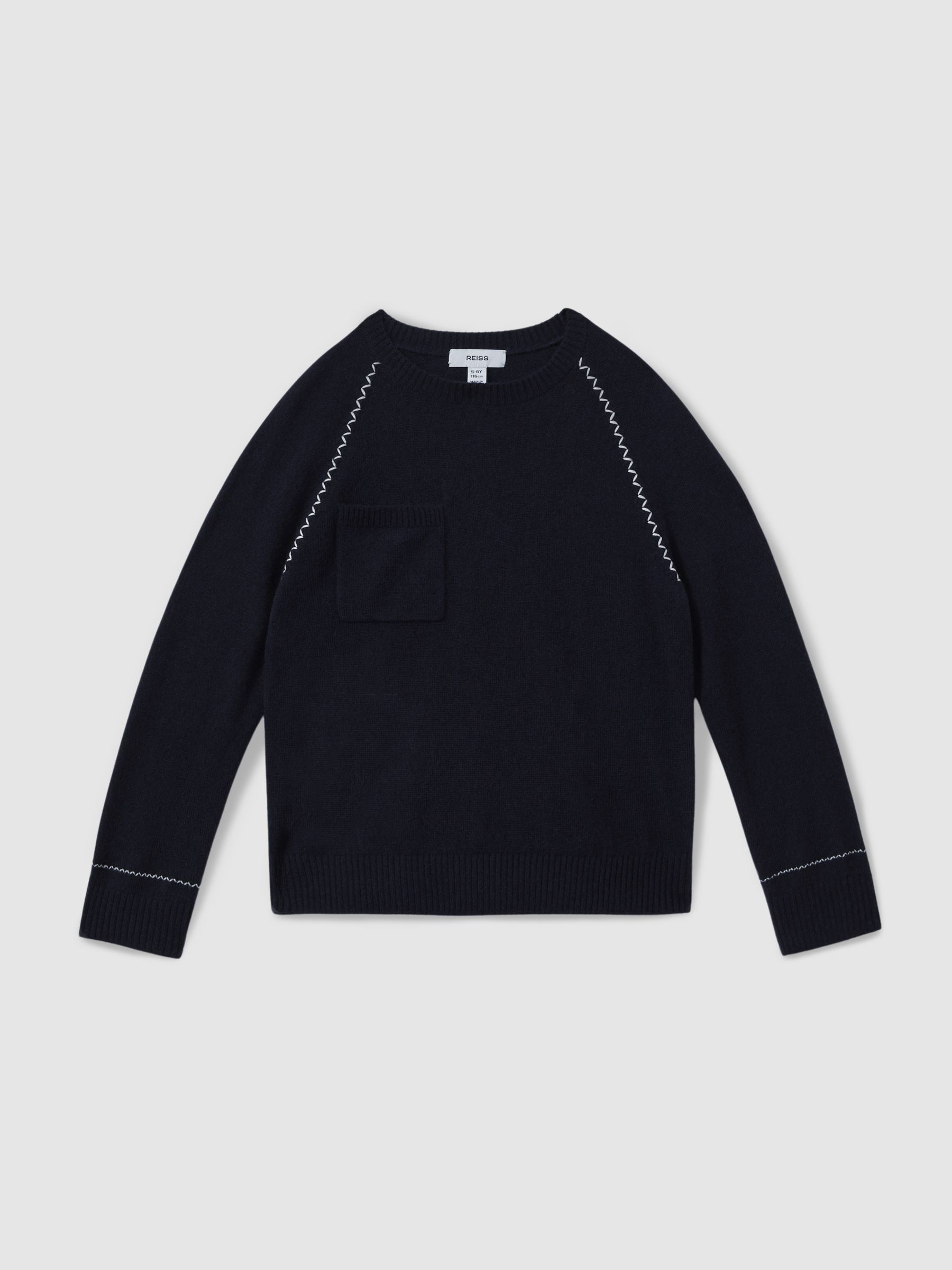 9-13 yrs Contrast Stitch Wool Blend Crew Neck Jumper in Navy