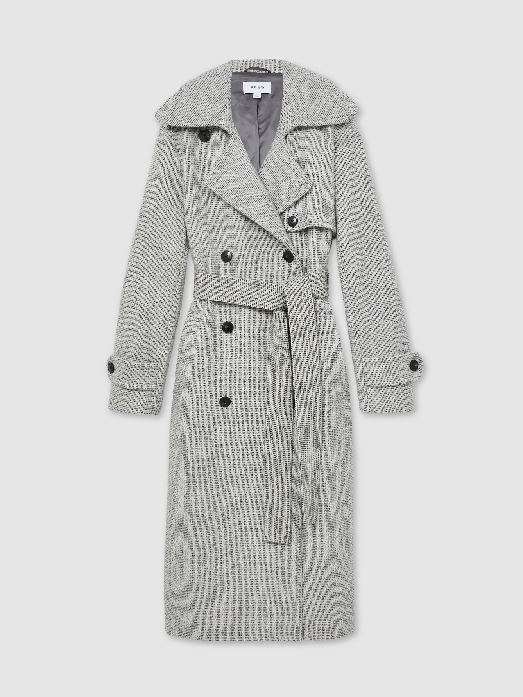 Wool-Blend Double-Breasted Check Trench Coat in Black/White