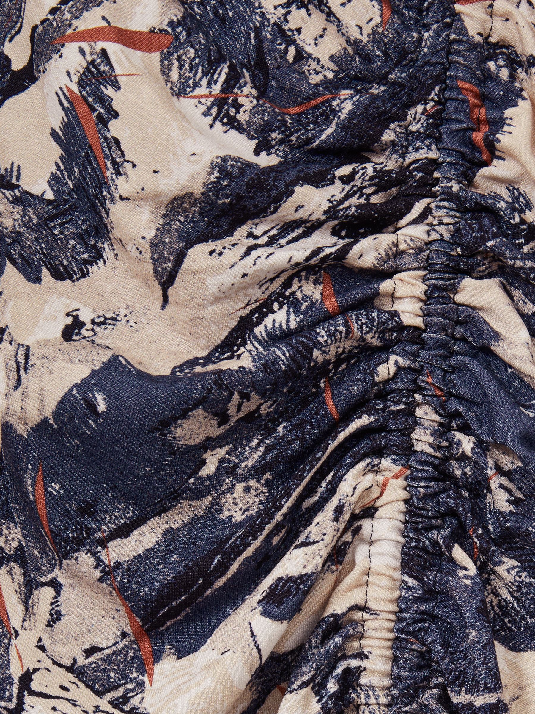 Printed Ruched Midi Dress in Navy/Neutral