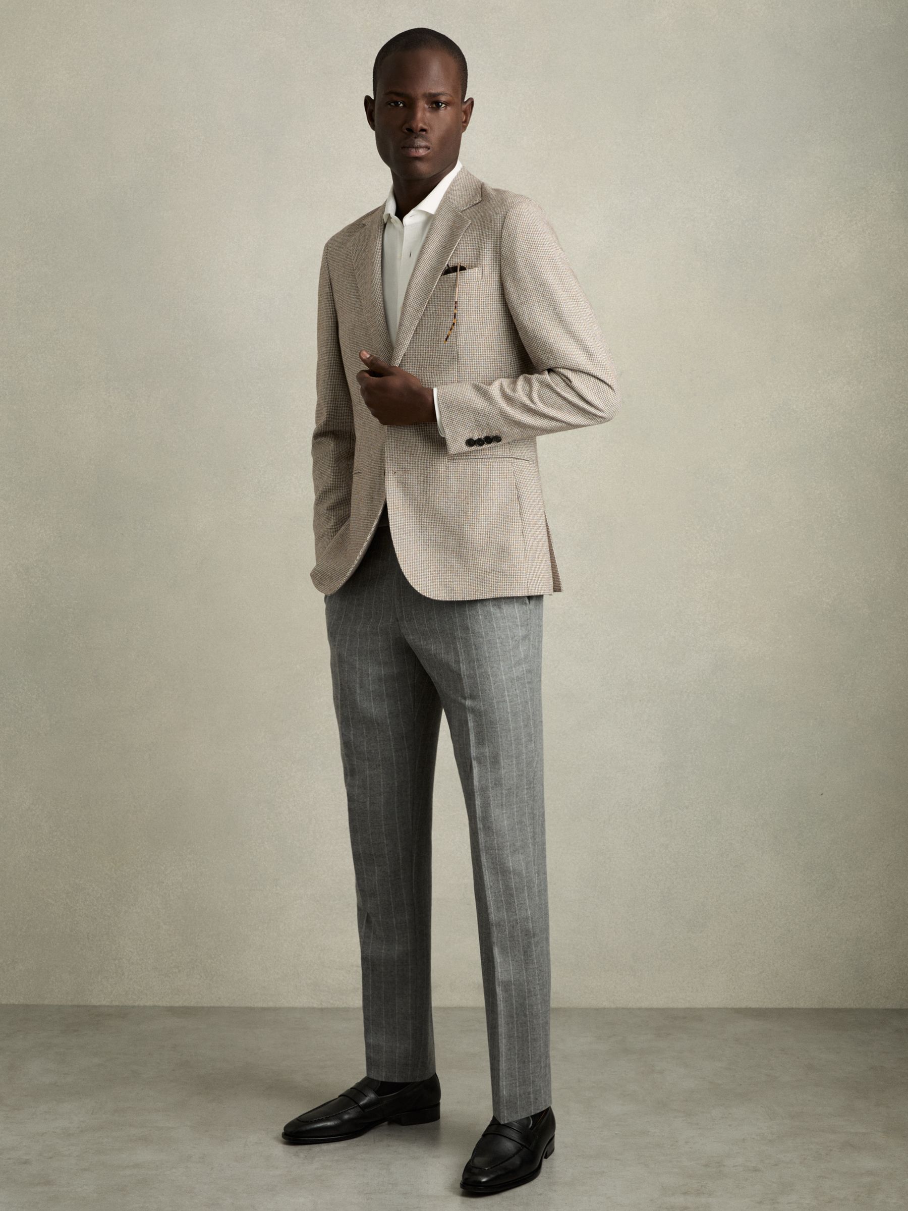 Single-Breasted Blazer with Wool in Puppytooth Check in Taupe/Off White