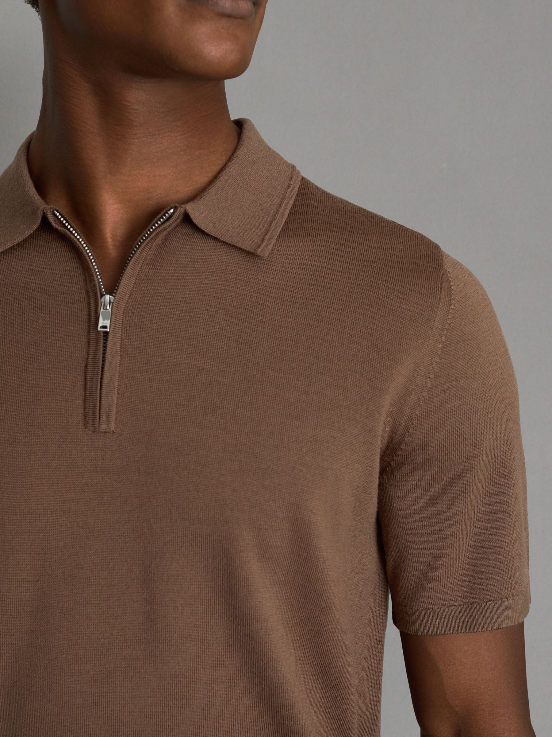 Merino Wool Half-Zip Funnel Neck Jumper in Pecan Brown