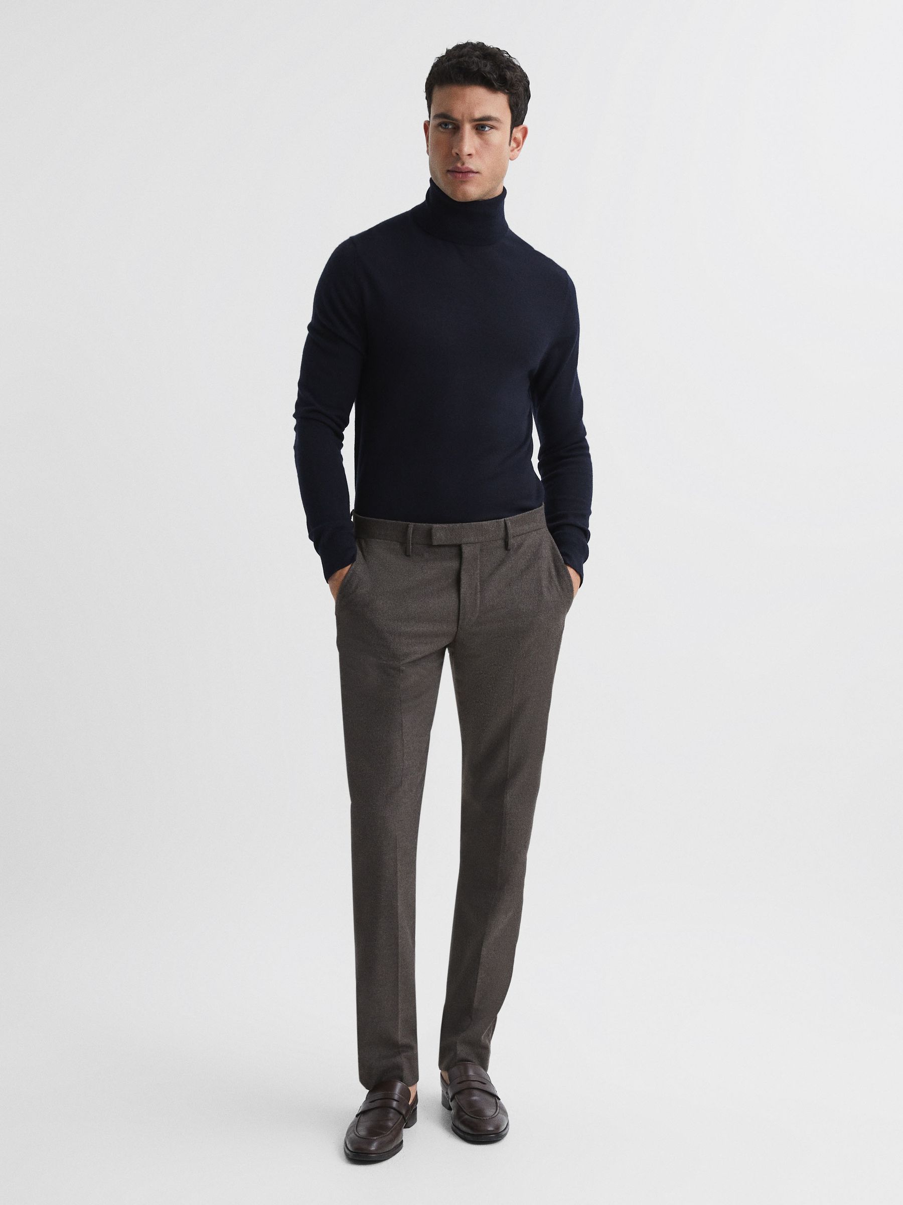 Slim Fit Merino Wool Roll Neck Jumper in Navy