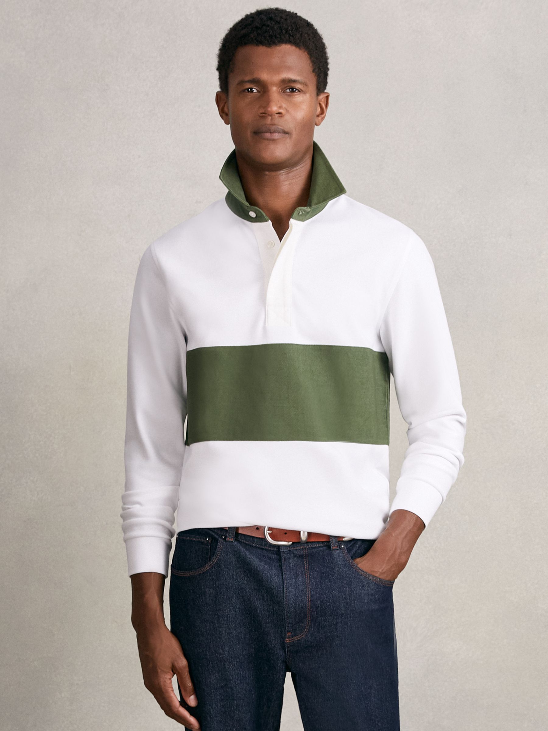 Cotton Colourblock Rugby Shirt in White/Green