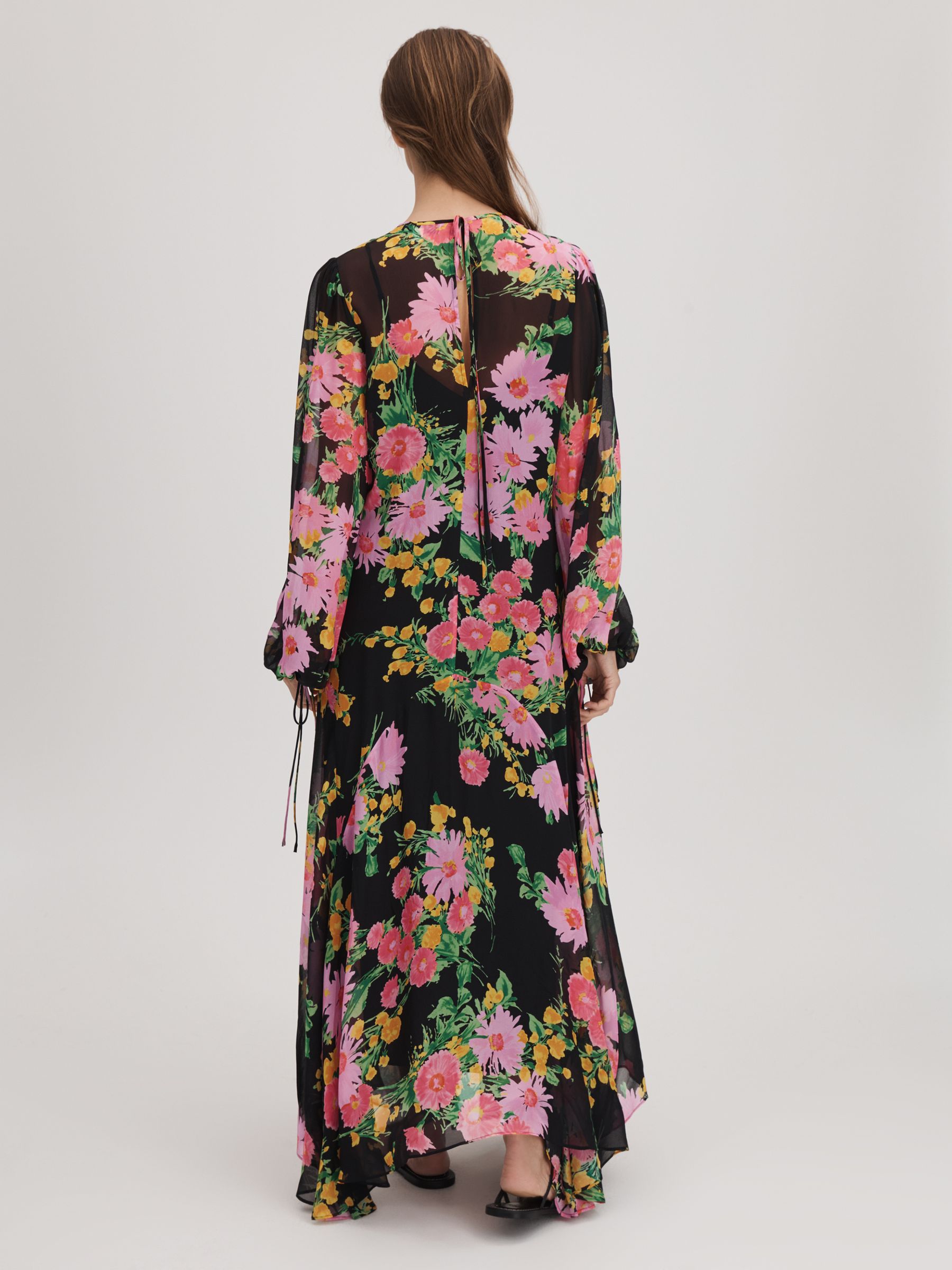 Florere Sheer Asymmetric Midi Dress in Pink/Black