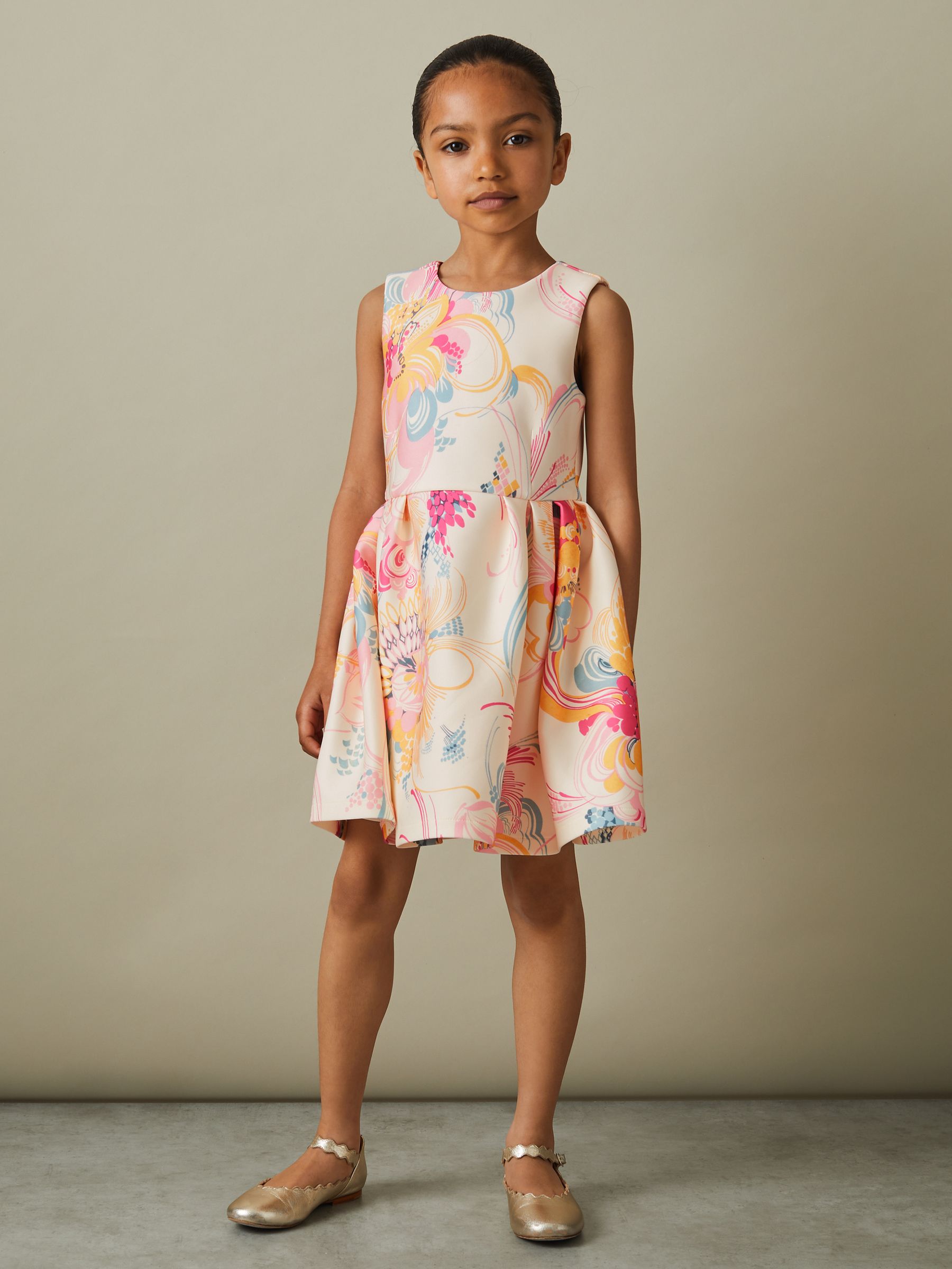 9-13 yrs Pleated Scuba Dress in Pink Print