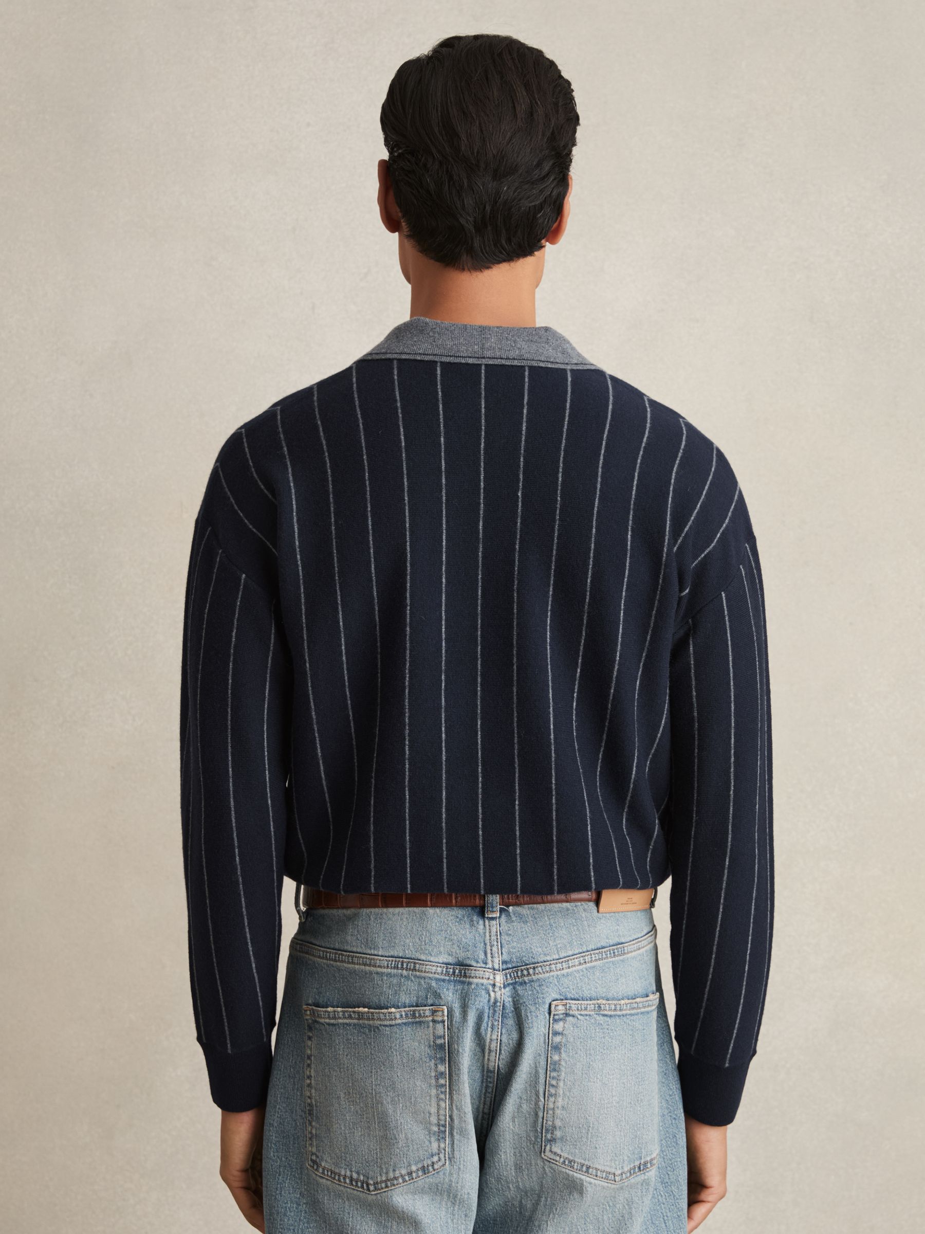 Wool Open-Collar Stripe Polo Shirt in Navy