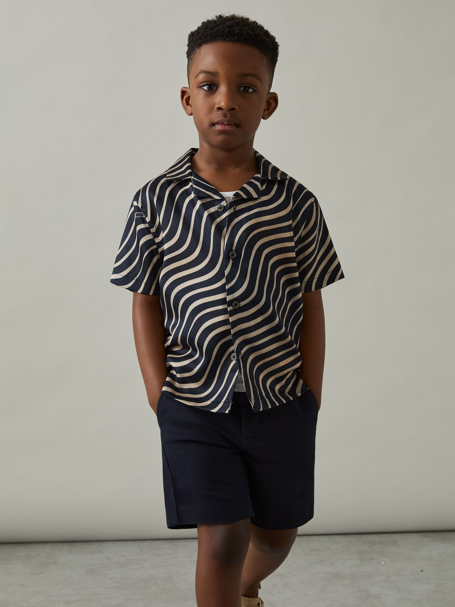 3-9 yrs Wave-Print Cuban-Collar Shirt in Navy/Off White