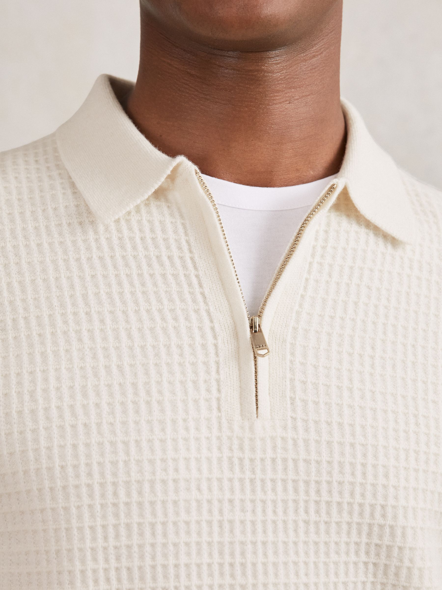 Wool Waffle-Knit Half-Zip Polo Shirt in Off White