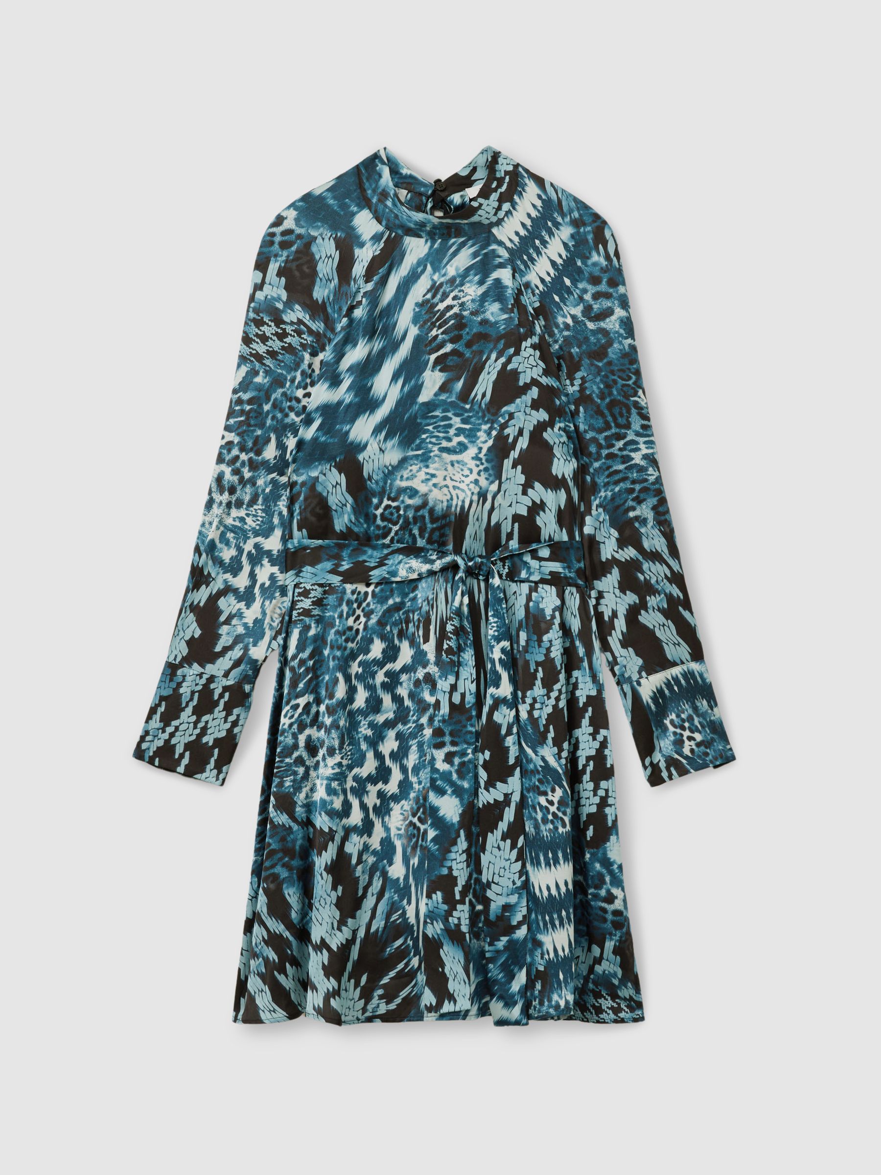 Ester Teal Printed Belted Tie Neck Mini Dress