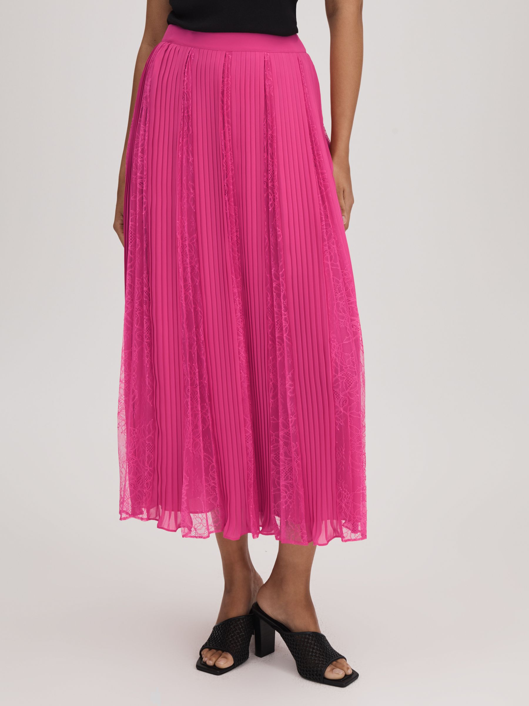 Florere Lace Pleated Midi Skirt in Bright Pink