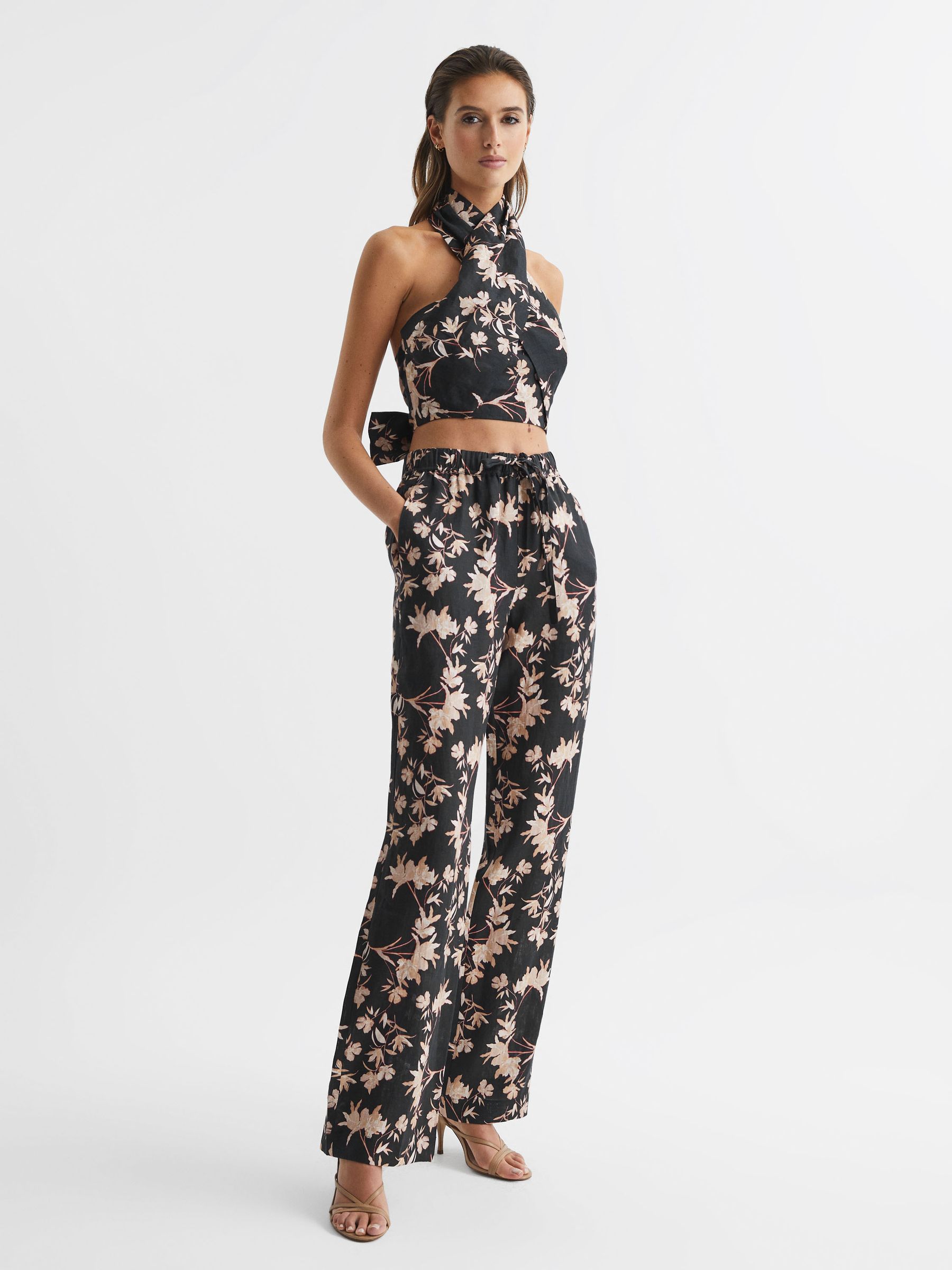 Ally Black/Blush Printed 100% Linen Halter Neck Cropped Top