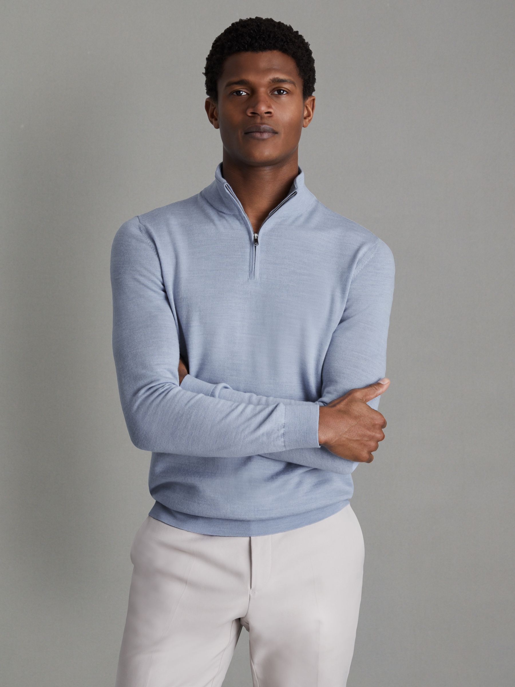 Merino Wool Half-Zip Funnel Neck Jumper in Soft Blue Melange