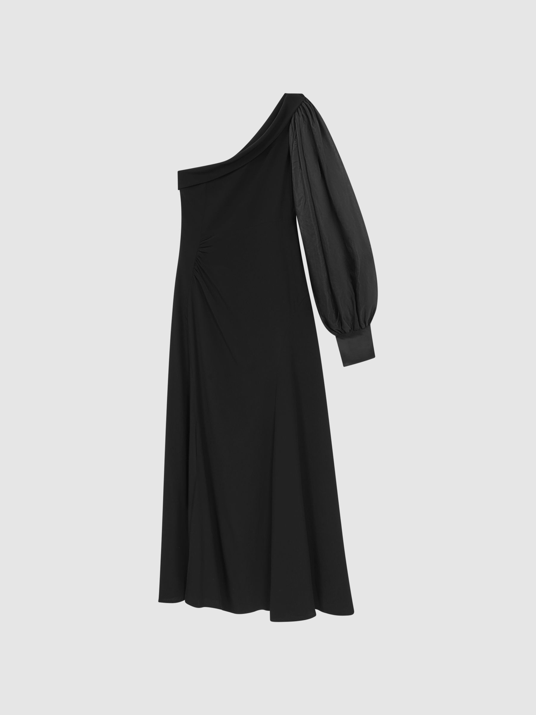 One-Shoulder Blouson Sleeve Midi Dress in Black