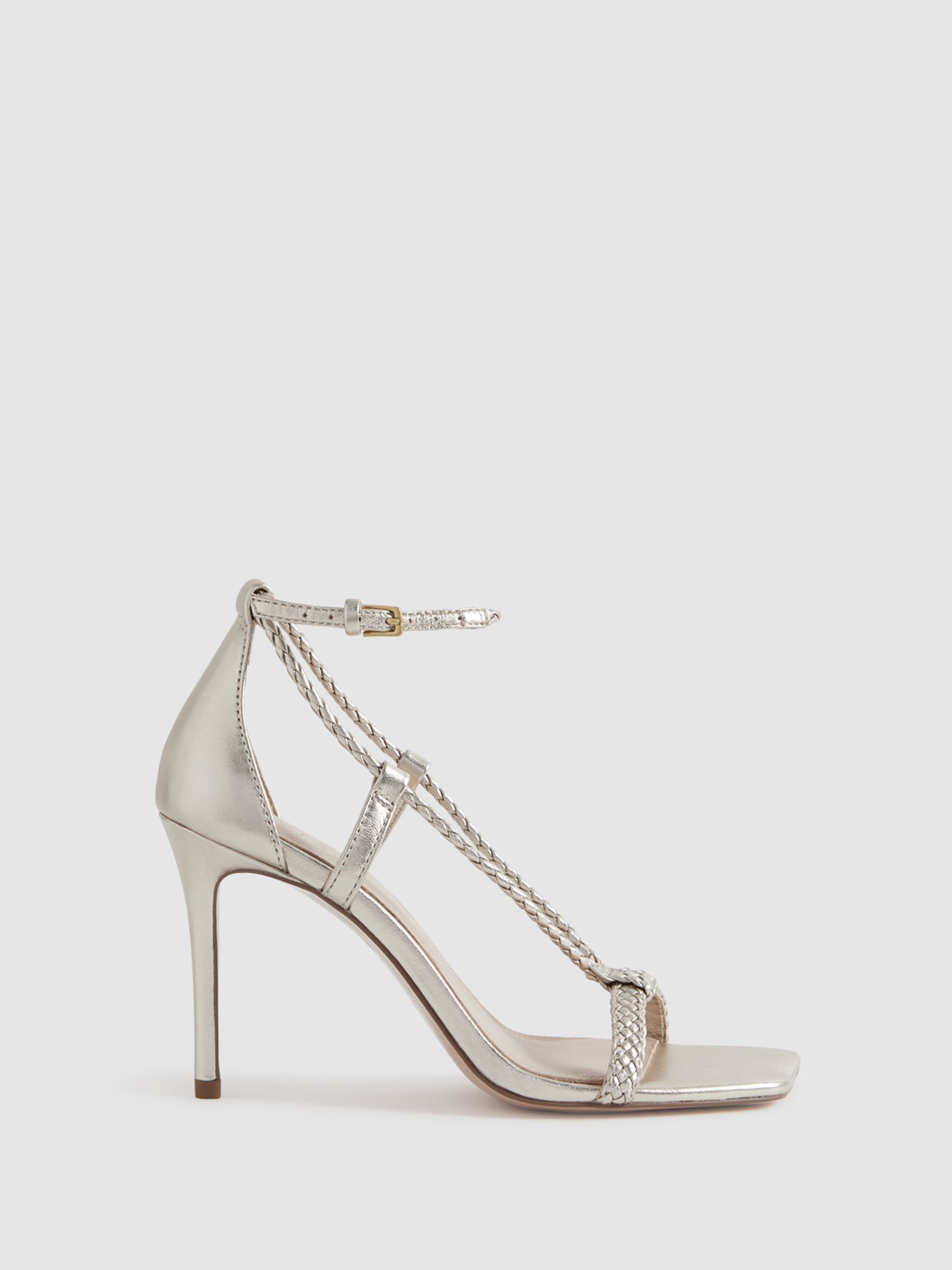 Leather Plaited Strappy Heeled Sandals in Gold