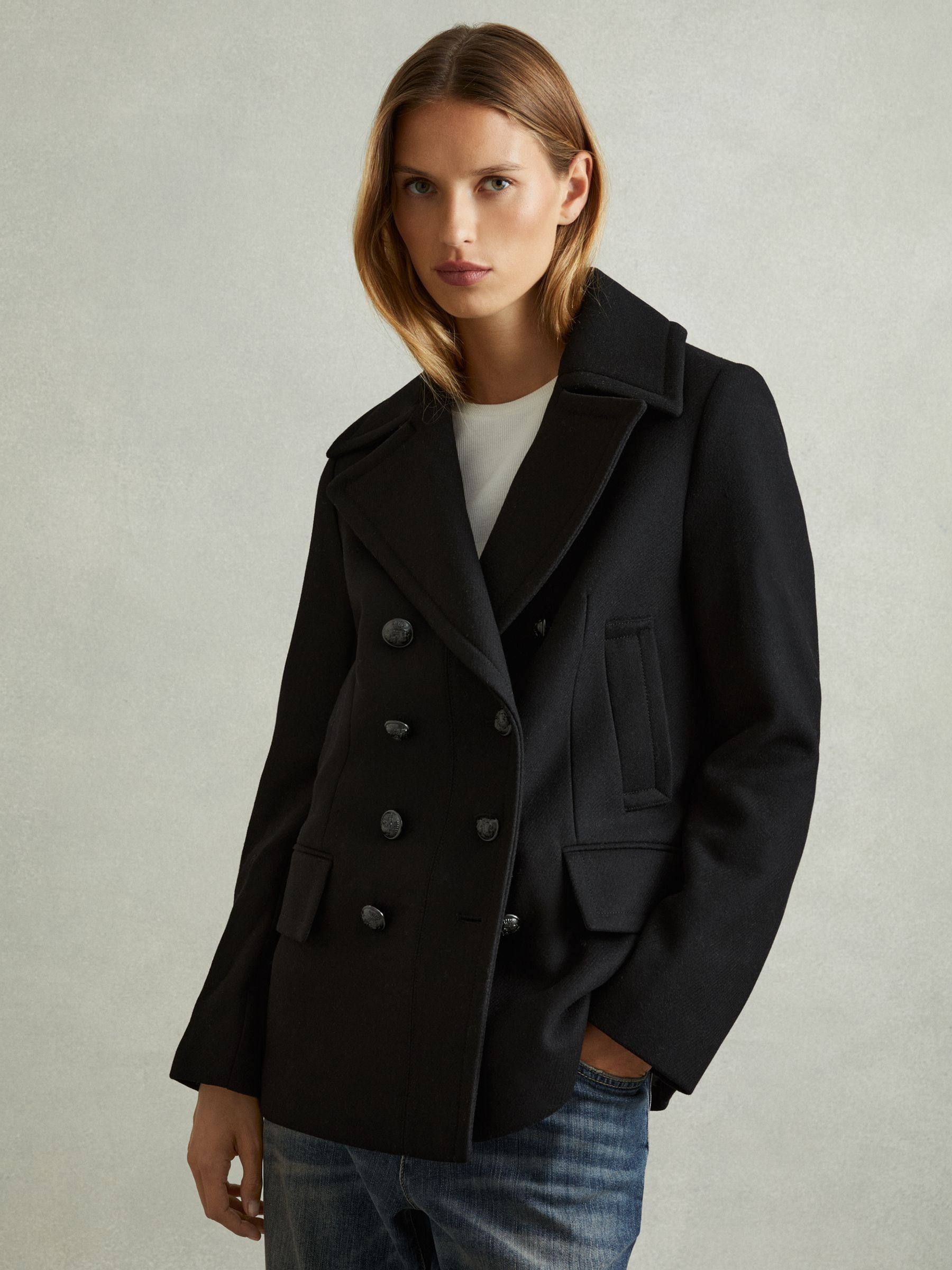 Wool Blend Double Breasted Pea Coat in Black