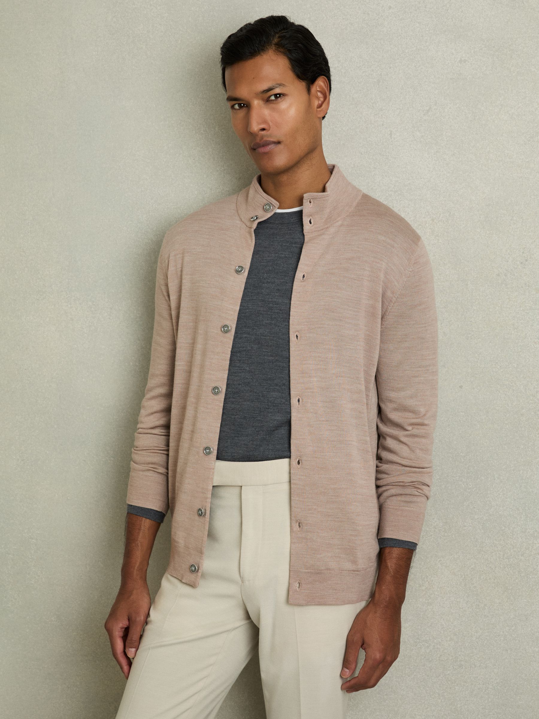 Merino Wool Button-Through Funnel Neck Cardigan in Wheat Melange