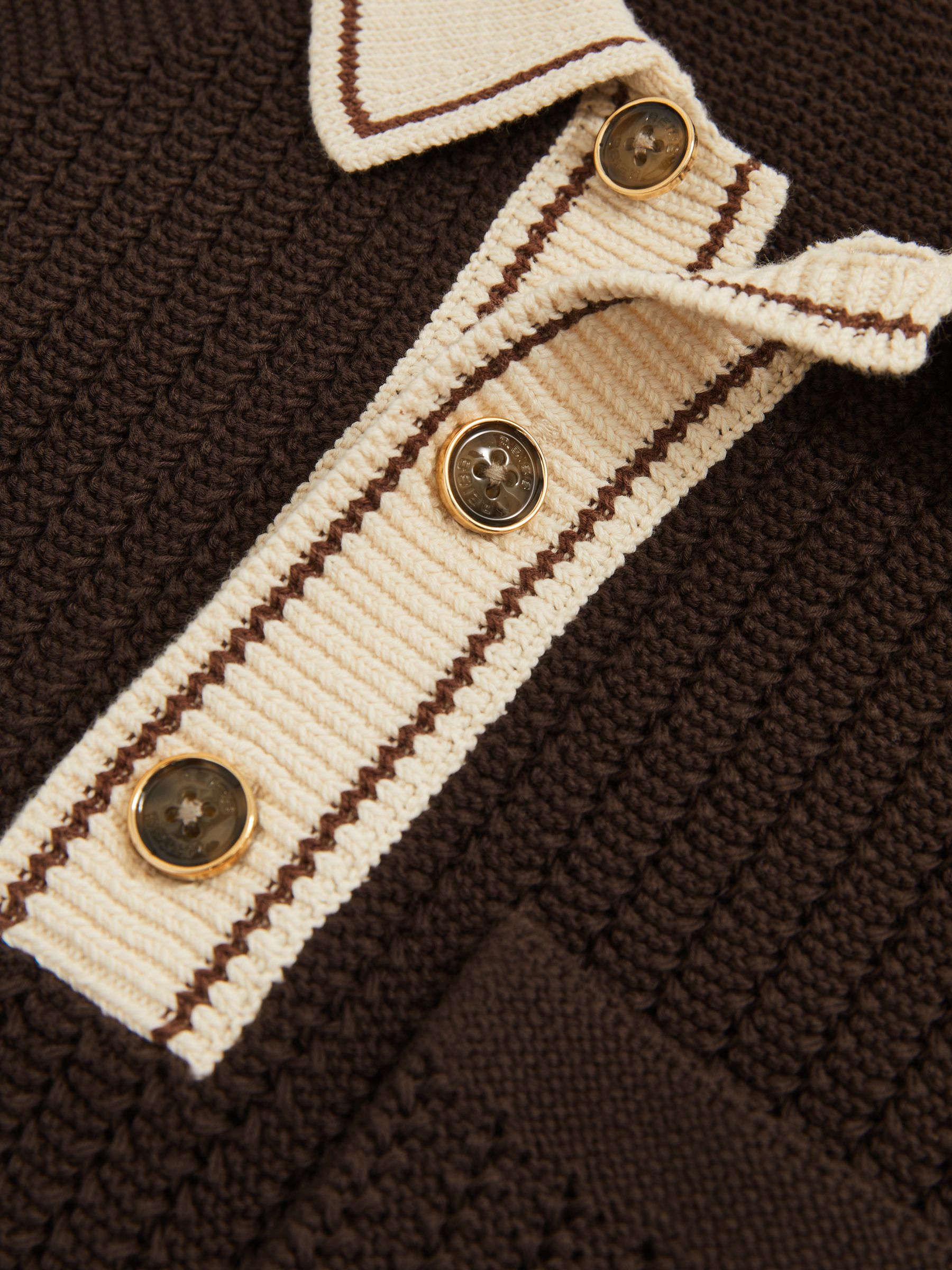 Cotton Textured Knit Contrast Polo Shirt in Dark Brown/Stone