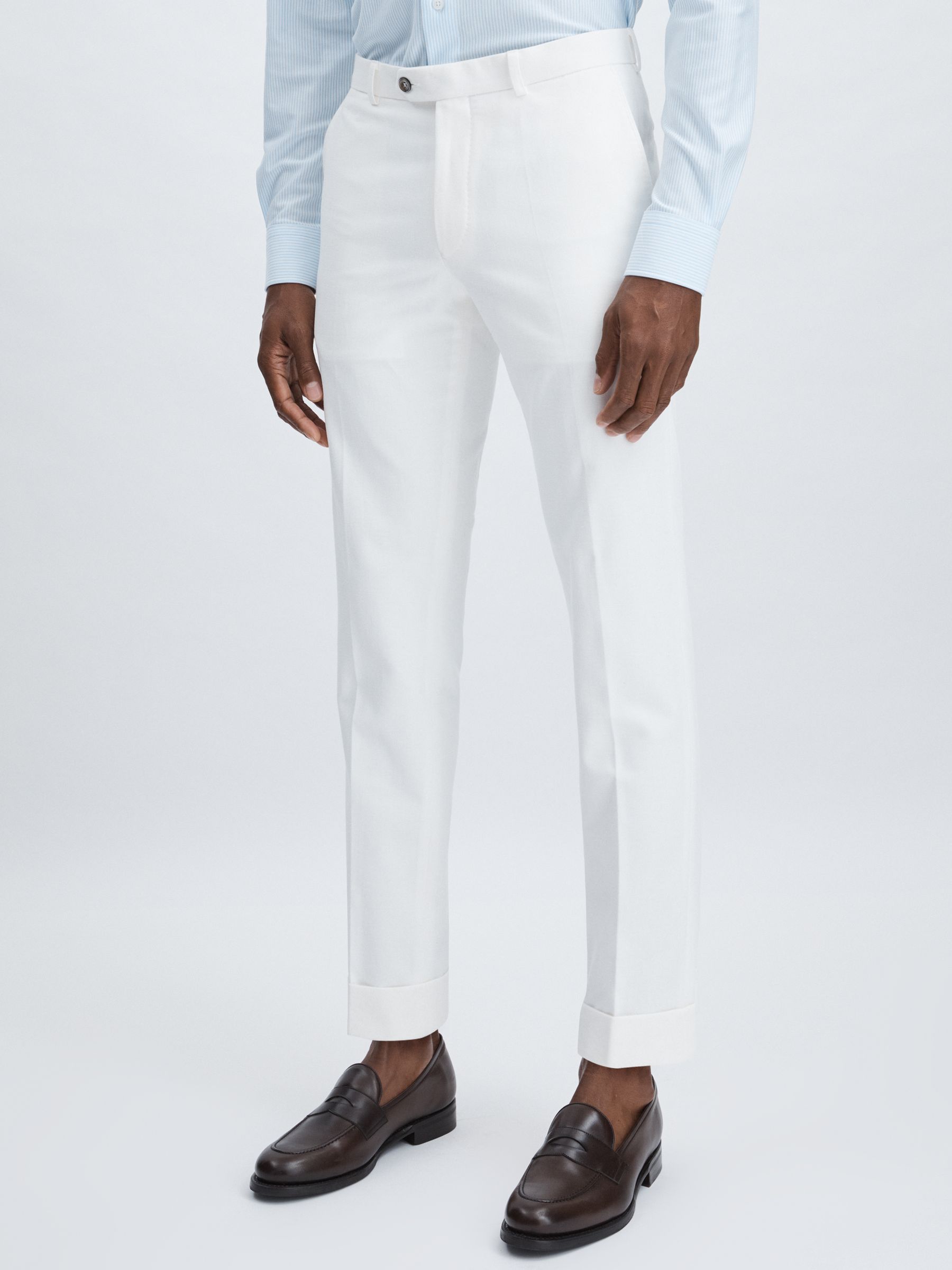 Oscar Jacobson Slim Fit 100% Cotton Turn-Up Trousers in Snow White