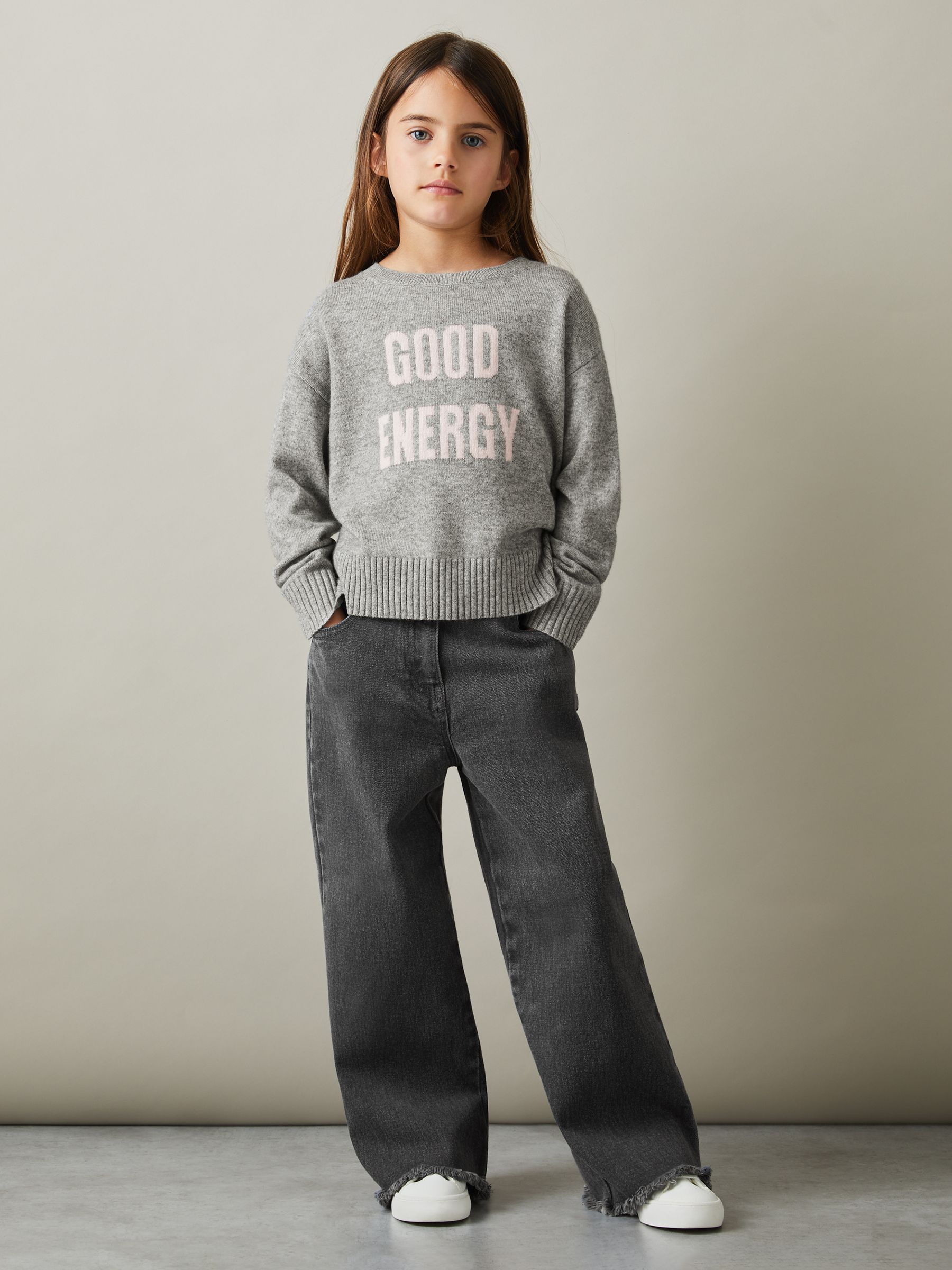 4-9 yrs Wool Blend Crew Neck Slogan Jumper in Grey