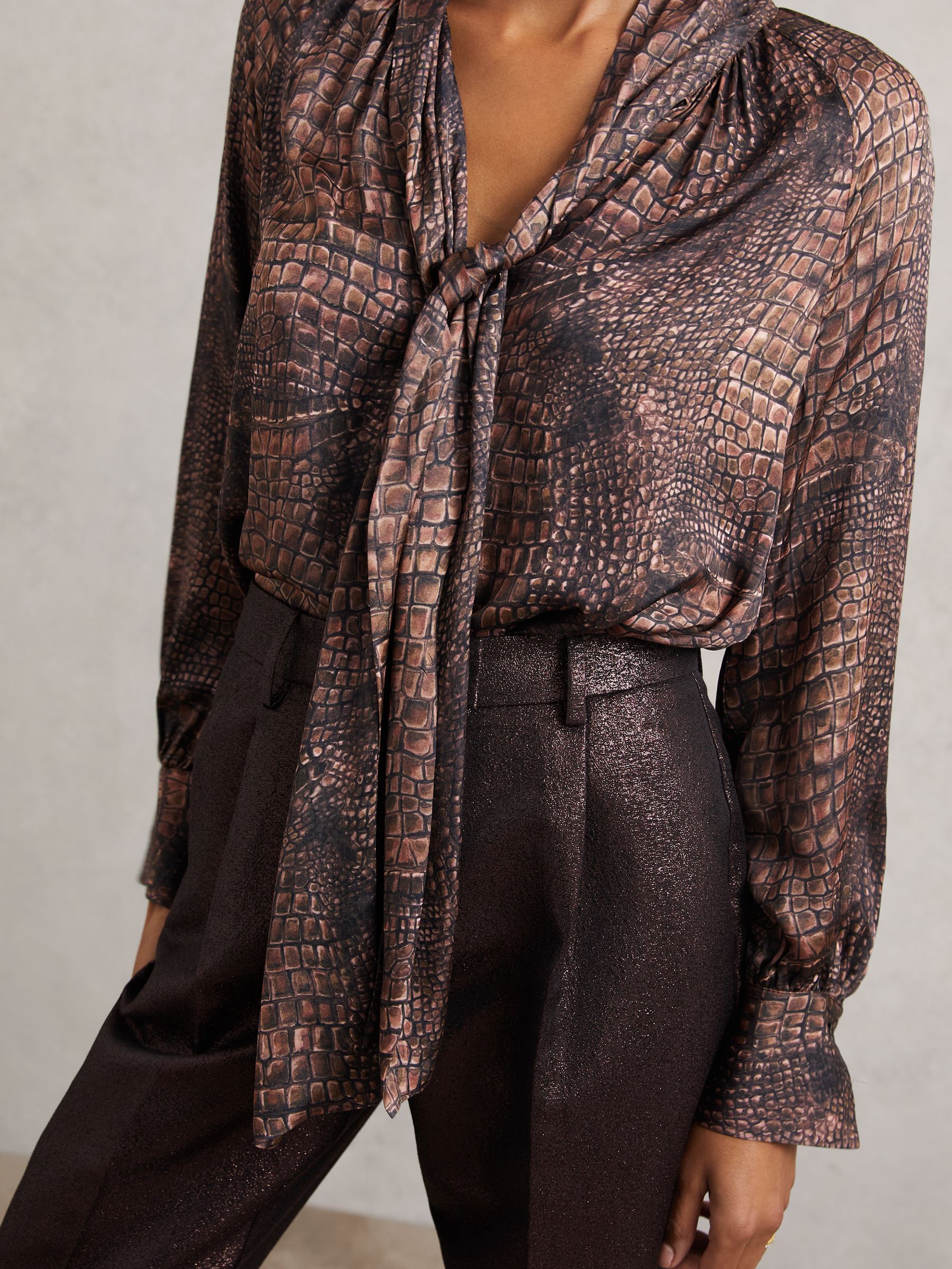 Crocodile-Print Tie-Neck Blouse in Brown