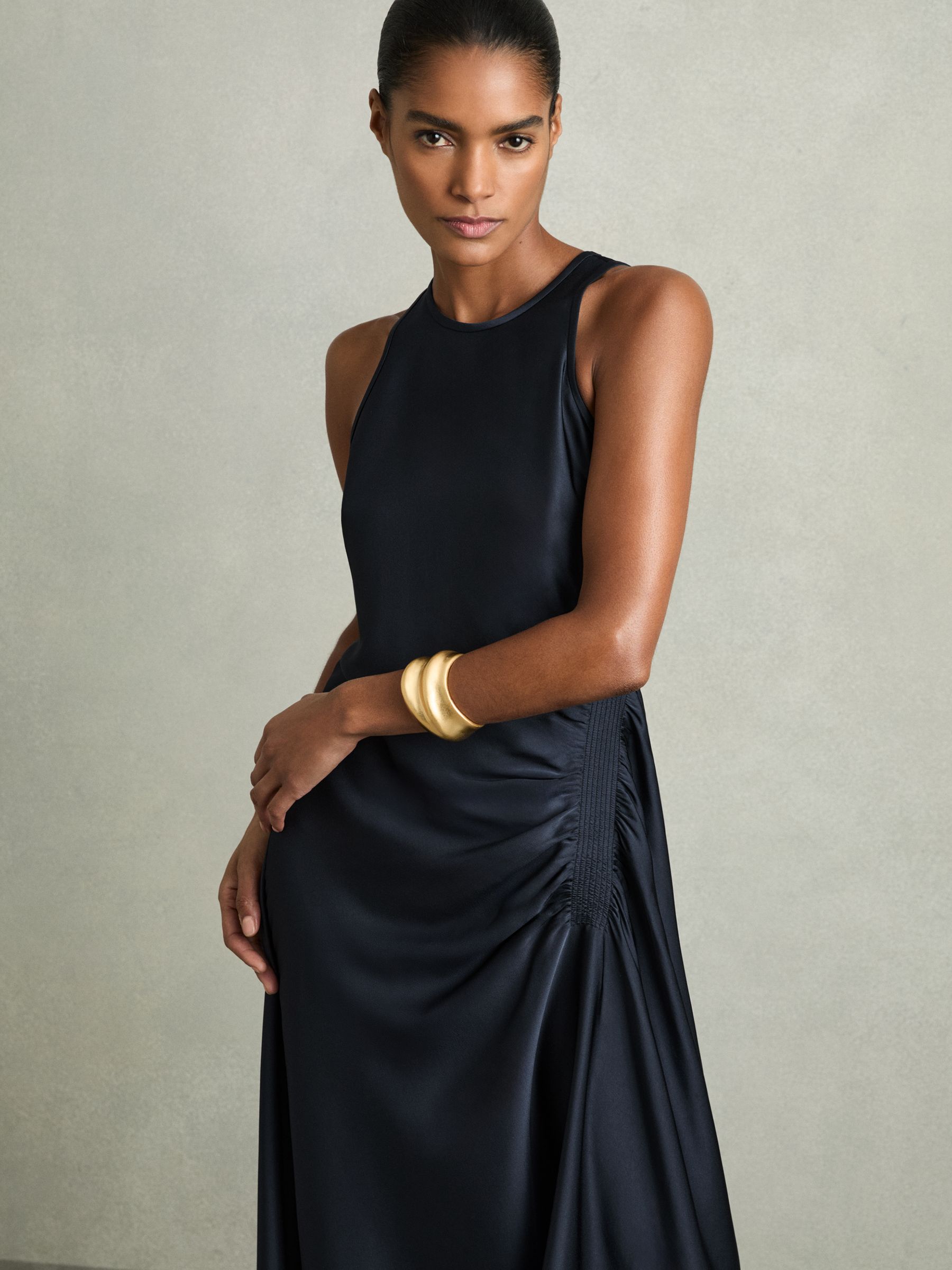 Satin Shirred Midi Dress in Navy