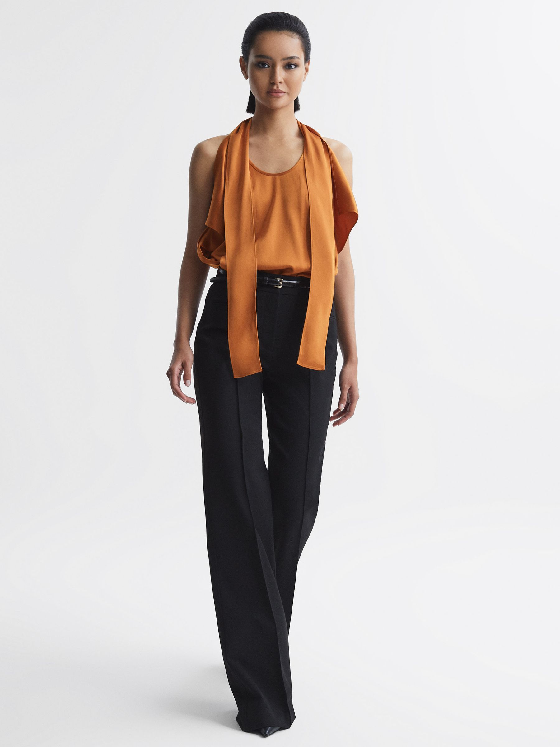 Tie Neck Draped Satin Blouse in Rust