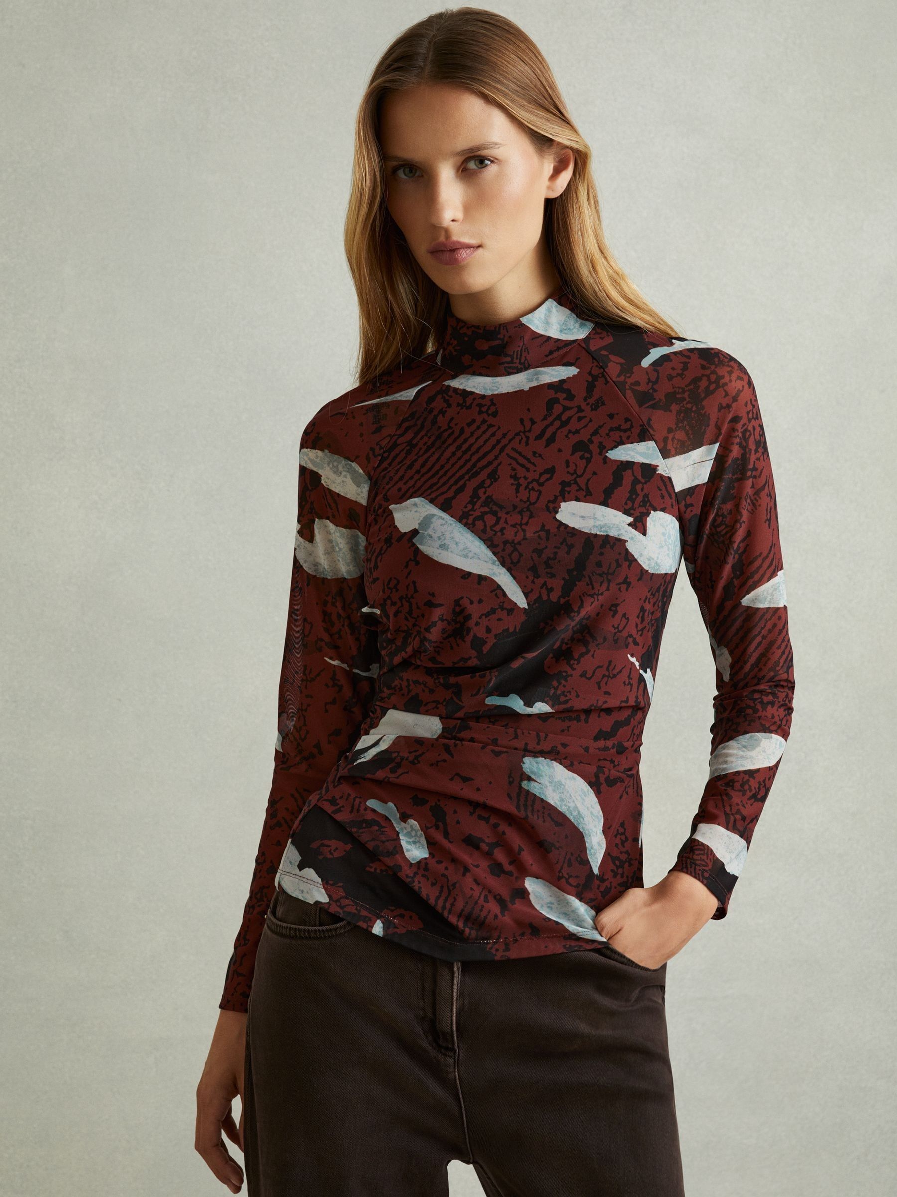 Printed Ruched Top in Burgundy