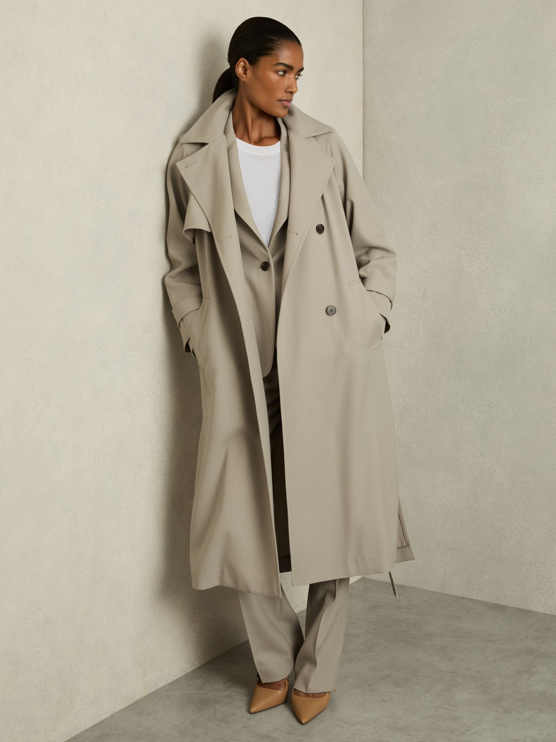 Wool-Blend Double-Breasted Trench Coat in Neutral