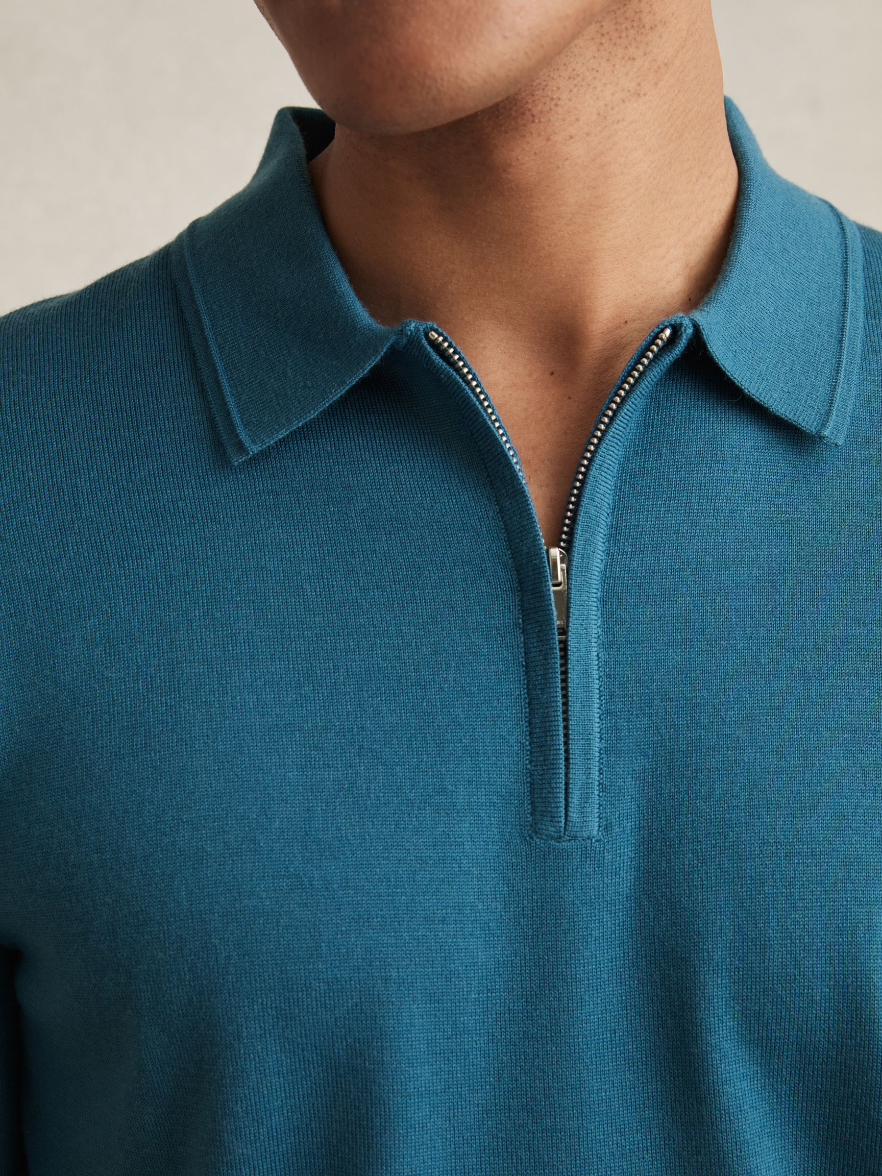 Merino Wool Half-Zip Polo Shirt in Deep Teal Blue