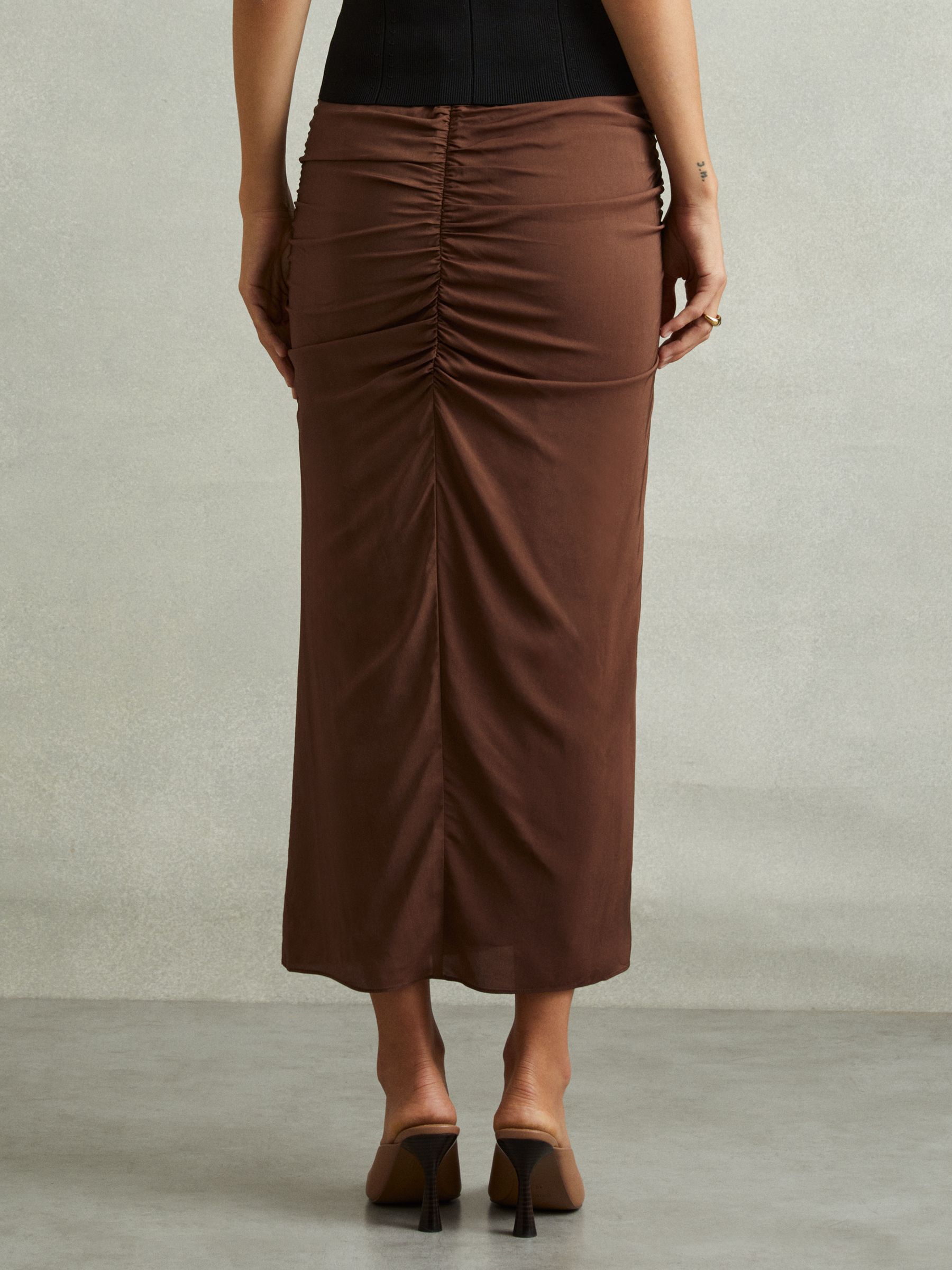 Ruched Front Split Midi Skirt in Chocolate