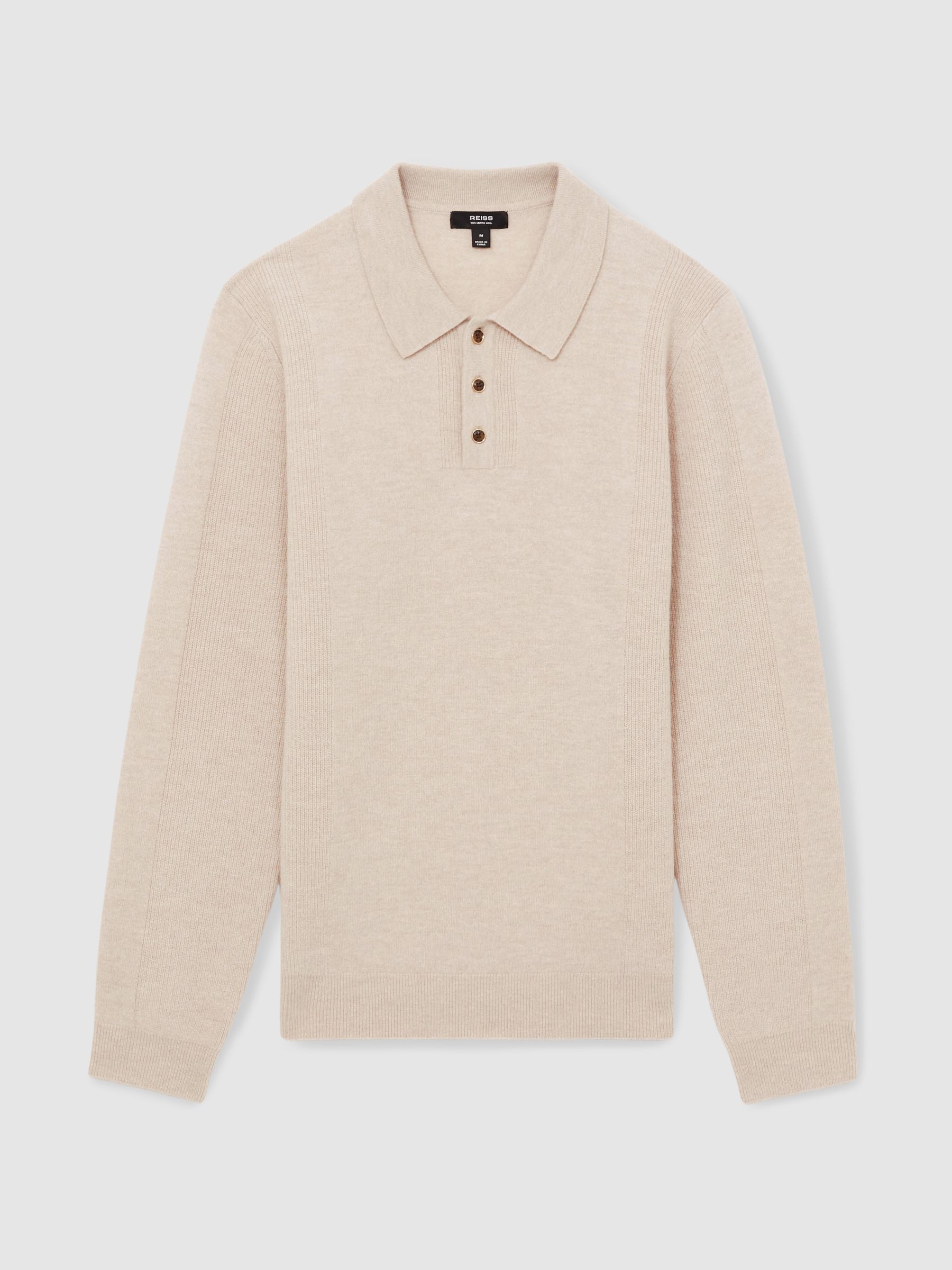 Wool Textured Long Sleeve Polo Shirt in Oatmeal