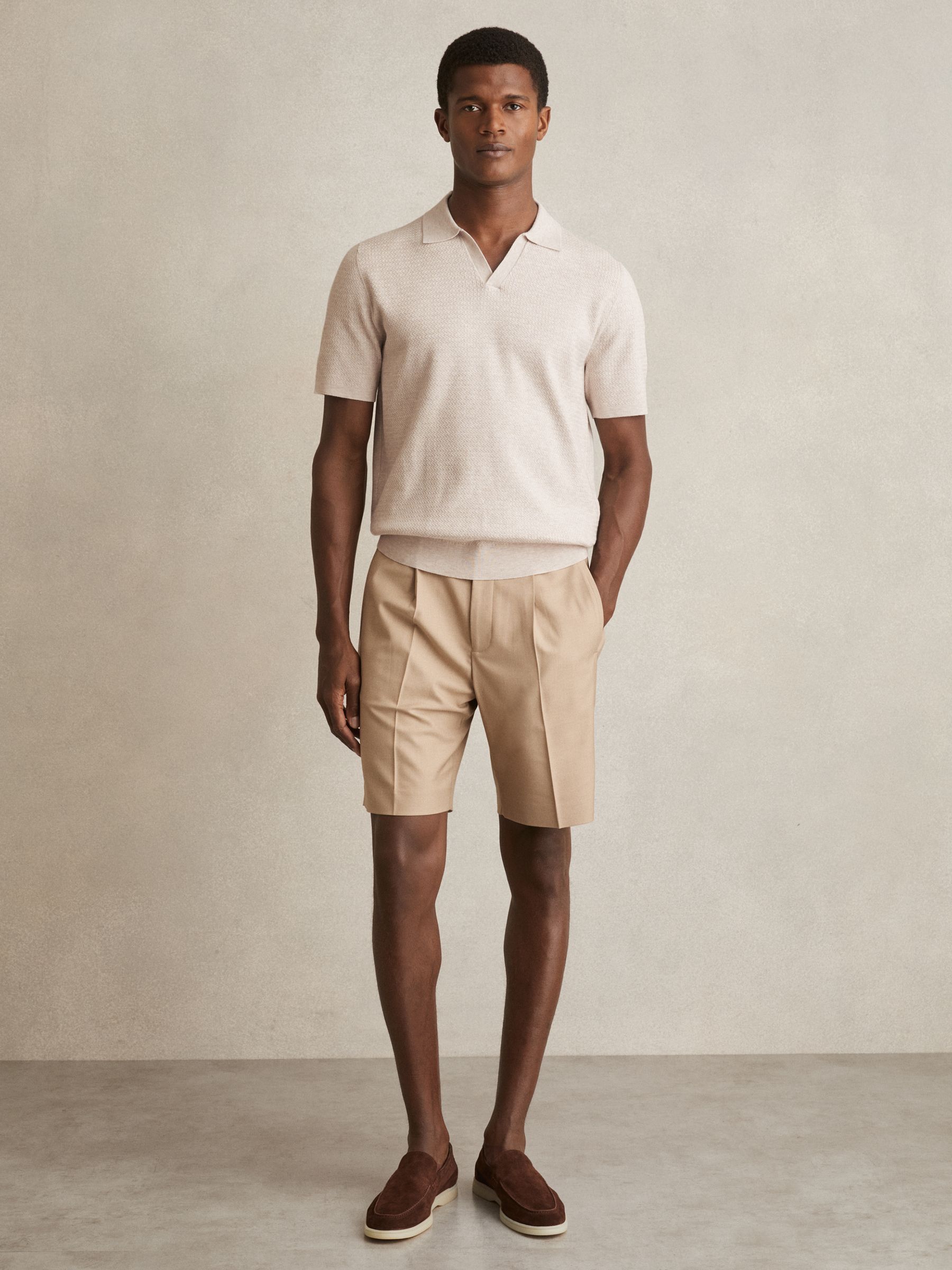 Open-Collar Knit Polo Shirt in Oatmeal Melange