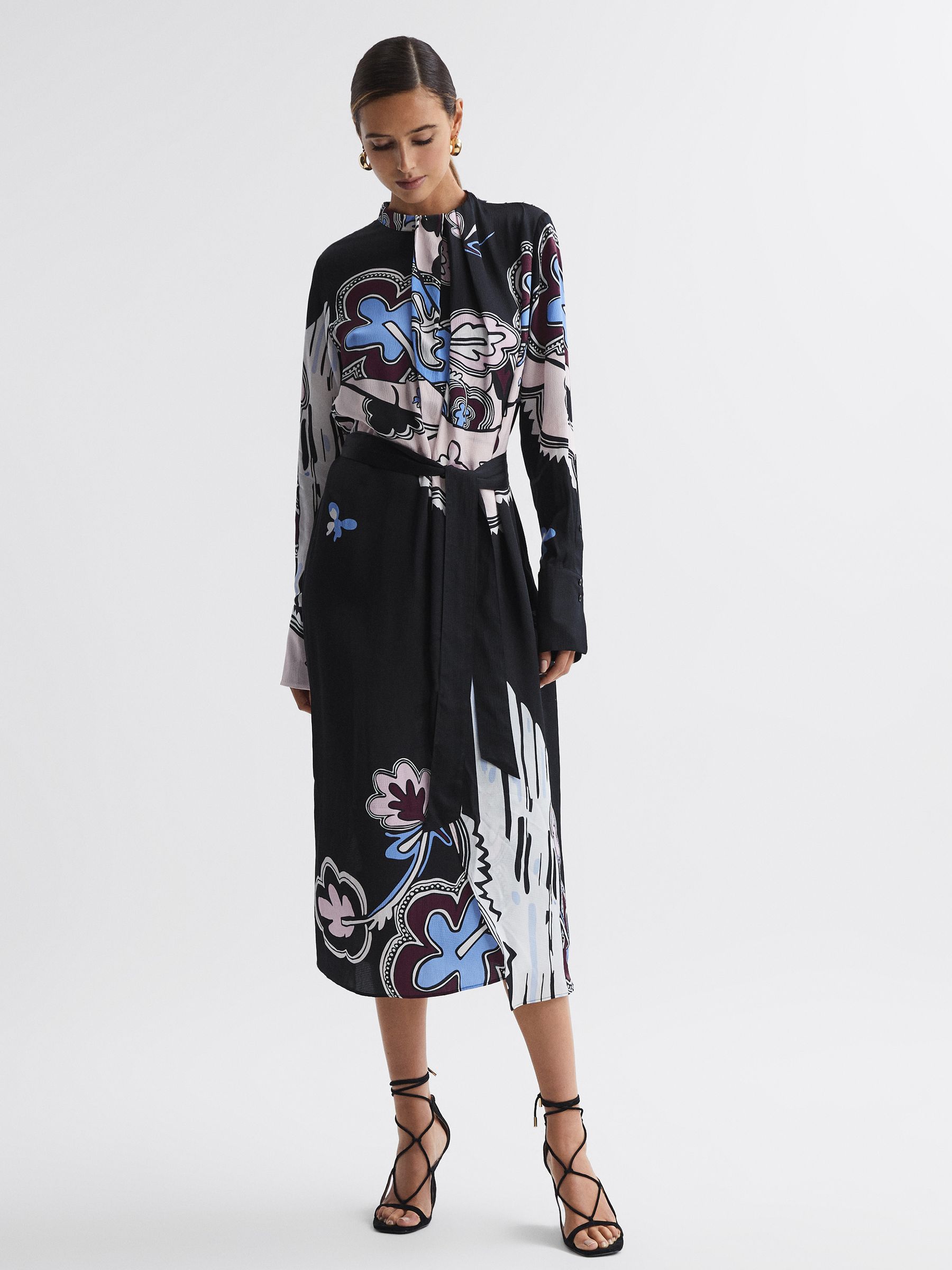 Pleat Front Midi Dress in Black