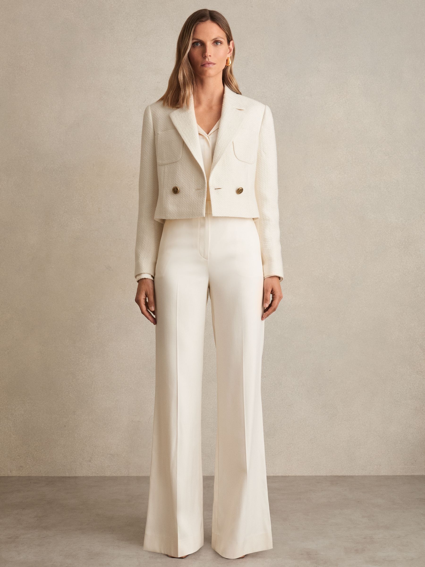 Double-Breasted Textured Cropped Blazer with Wool and Cotton in White