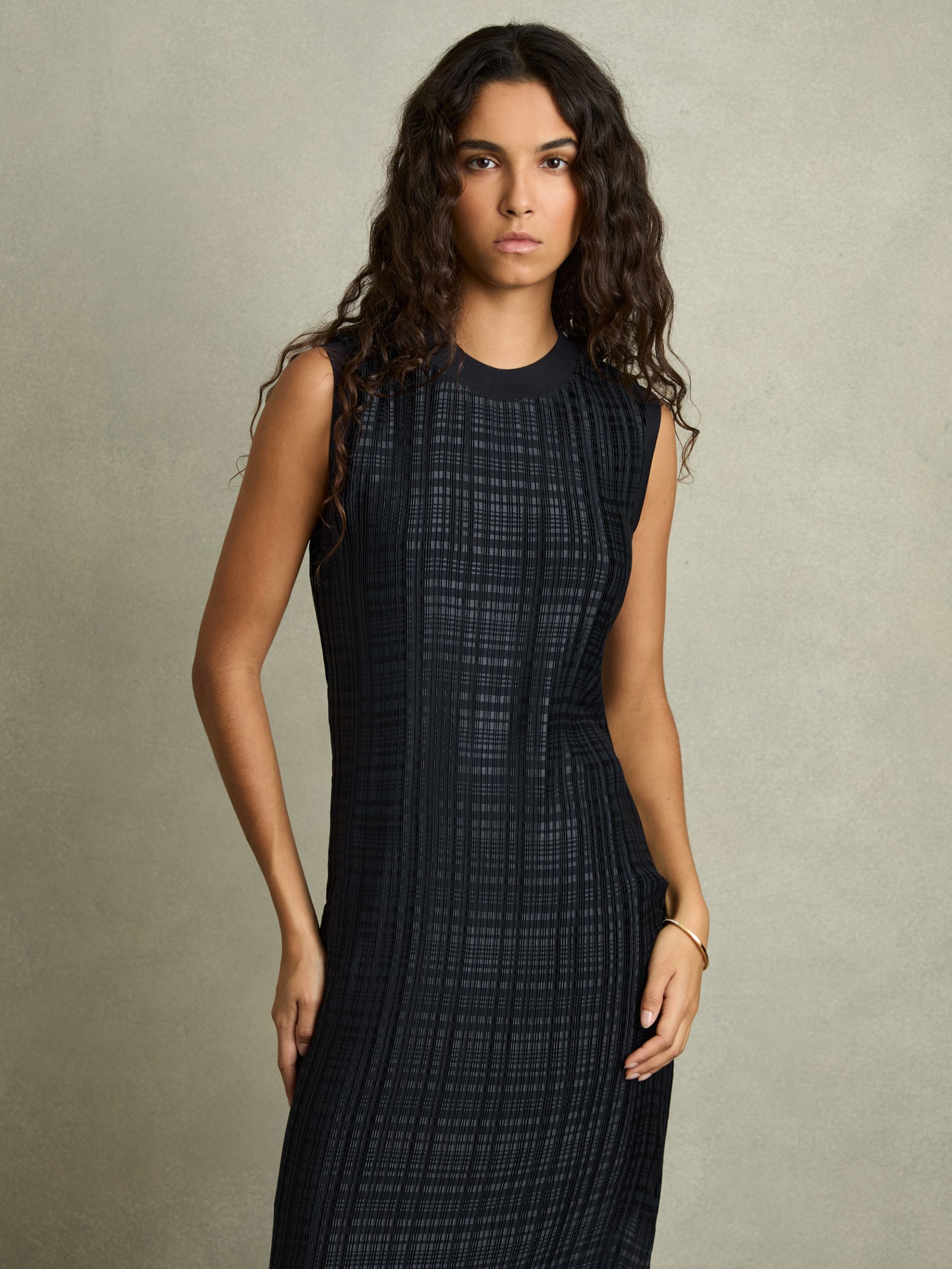 Pleated Column Midi Dress in Navy